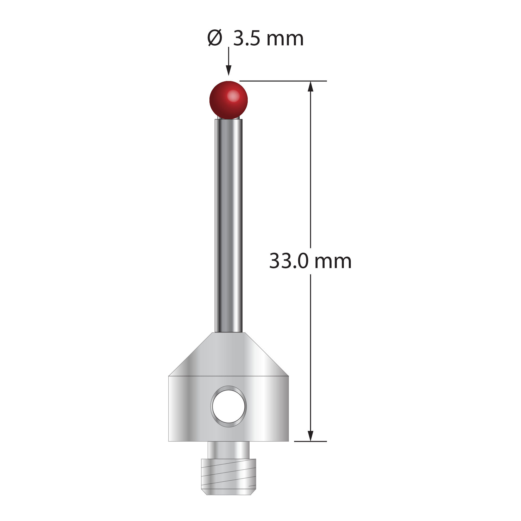 M5 stylus with 3.5 mm diameter ruby ball, 2.5 mm diameter carbide stem, and 11.0 mm diameter x 10.0 mm long stainless steel base. Overall stylus length is 33.0 mm. Stylus weight is 7.16 grams.