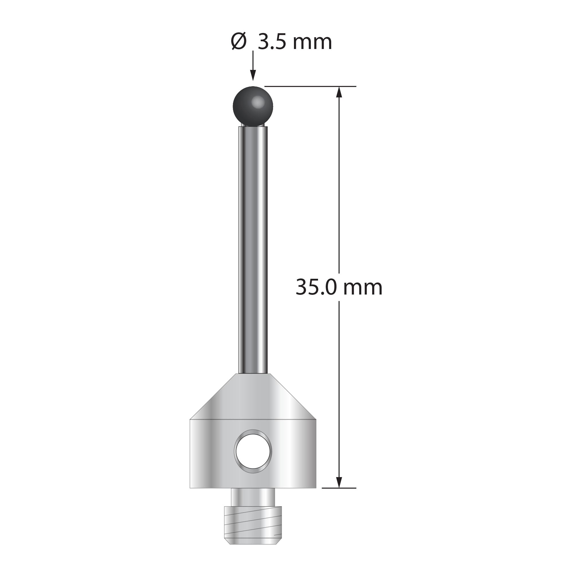 M5 stylus with 3.5 mm diameter silicon nitride ball, 2.5 mm diameter carbide stem, and 11.0 mm diameter x 10.0 mm long stainless steel base. Overall stylus length is 35.0 mm. Stylus weight is 7.30 grams.