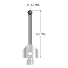 M5 stylus with 3.5 mm diameter silicon nitride ball, 2.5 mm diameter carbide stem, and 11.0 mm diameter x 10.0 mm long stainless steel base. Overall stylus length is 35.0 mm. Stylus weight is 7.30 grams.