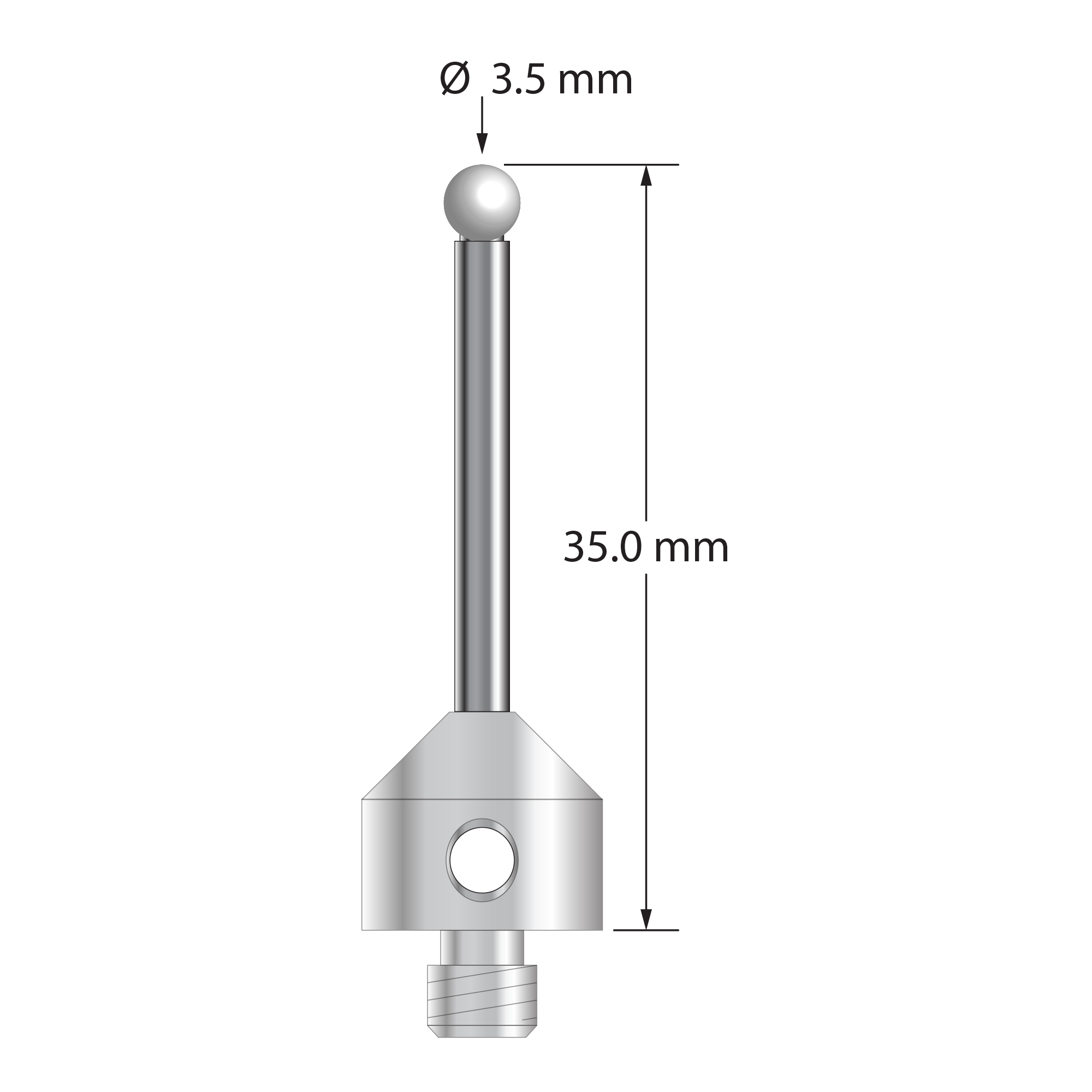 M5 stylus with 3.5 mm diameter zirconia ball, 2.5 mm diameter carbide stem, and 11.0 mm diameter x 10.0 mm long stainless steel base. Overall stylus length is 35.0 mm. Stylus weight is 7.30 grams.