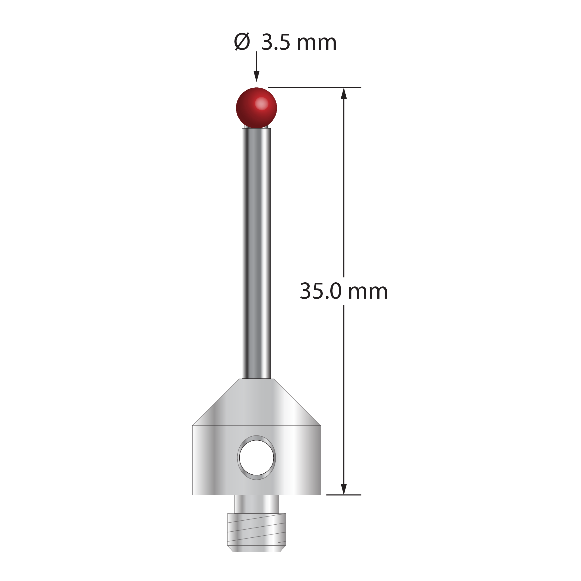 M5 stylus with 3.5 mm diameter ruby ball, 2.5 mm diameter carbide stem, and 11.0 mm diameter x 10.0 mm long stainless steel base. Overall stylus length is 35.0 mm. Stylus weight is 7.30 grams.