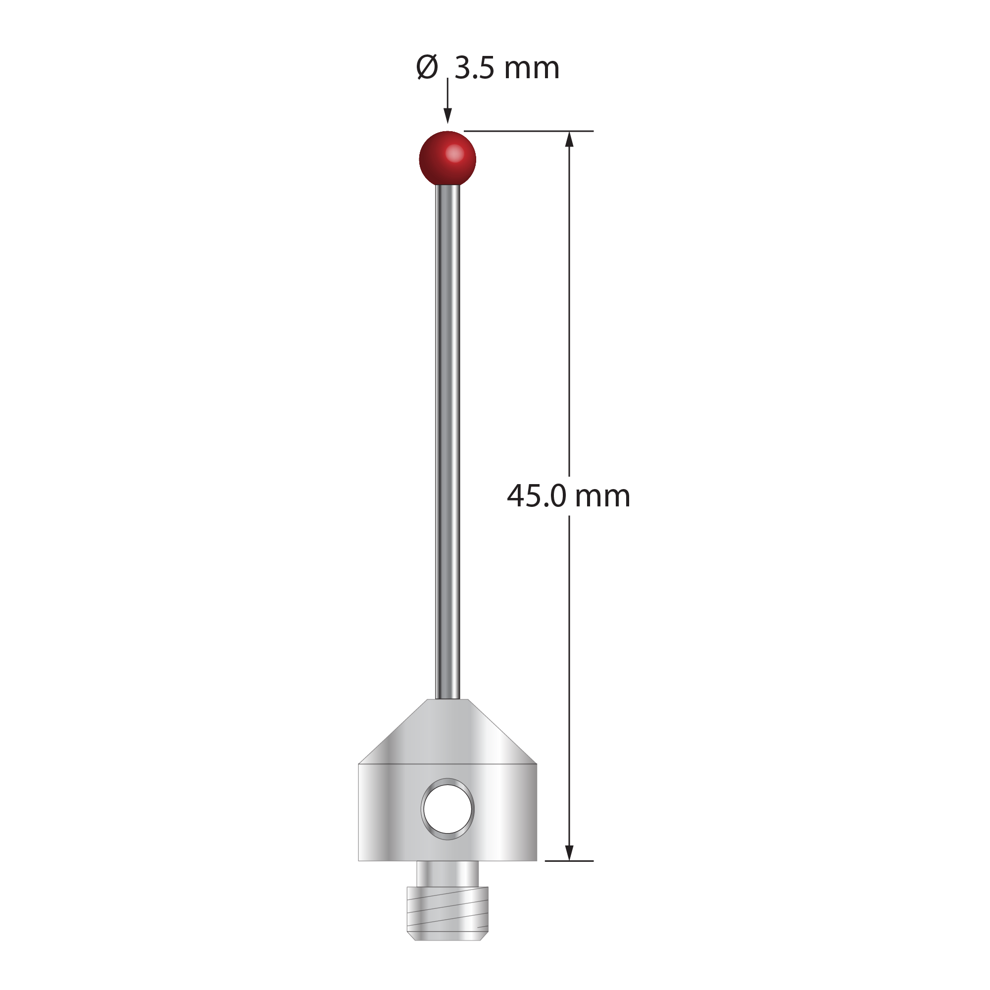 M5 stylus with 3.5 mm diameter ruby ball, 1.5 mm diameter carbide stem, and 11.0 mm diameter x 10.0 mm long stainless steel base. Overall stylus length is 45.0 mm. Stylus weight is 7.98 grams. Compare to Zeiss 626115-0351-045.