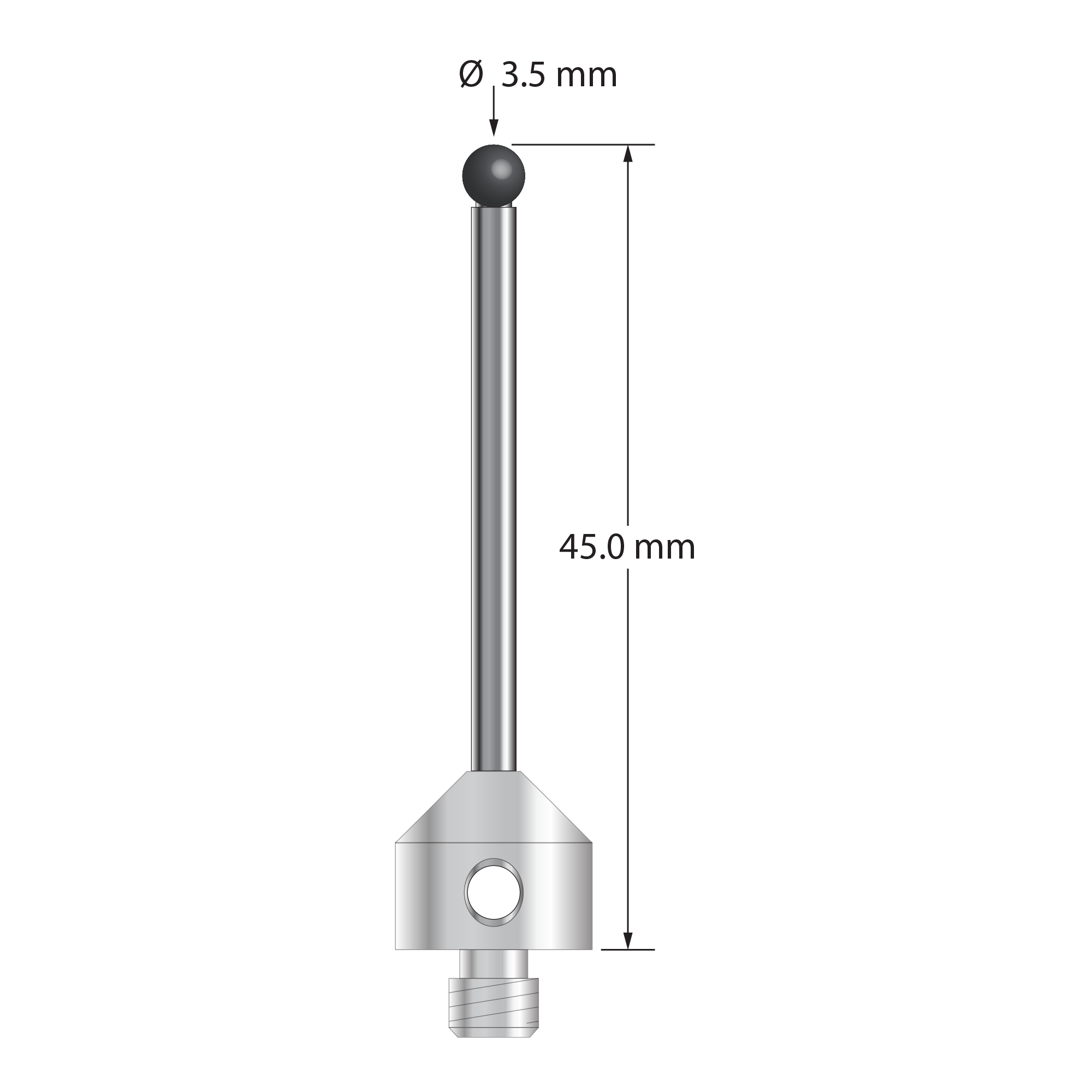 M5 stylus with 3.5 mm diameter silicon nitride ball, 2.5 mm diameter carbide stem, and 11.0 mm diameter x 10.0 mm long stainless steel base. Overall stylus length is 45.0 mm. Stylus weight is 7.98 grams.