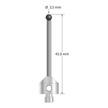 M5 stylus with 3.5 mm diameter silicon nitride ball, 2.5 mm diameter carbide stem, and 11.0 mm diameter x 10.0 mm long stainless steel base. Overall stylus length is 45.0 mm. Stylus weight is 7.98 grams.