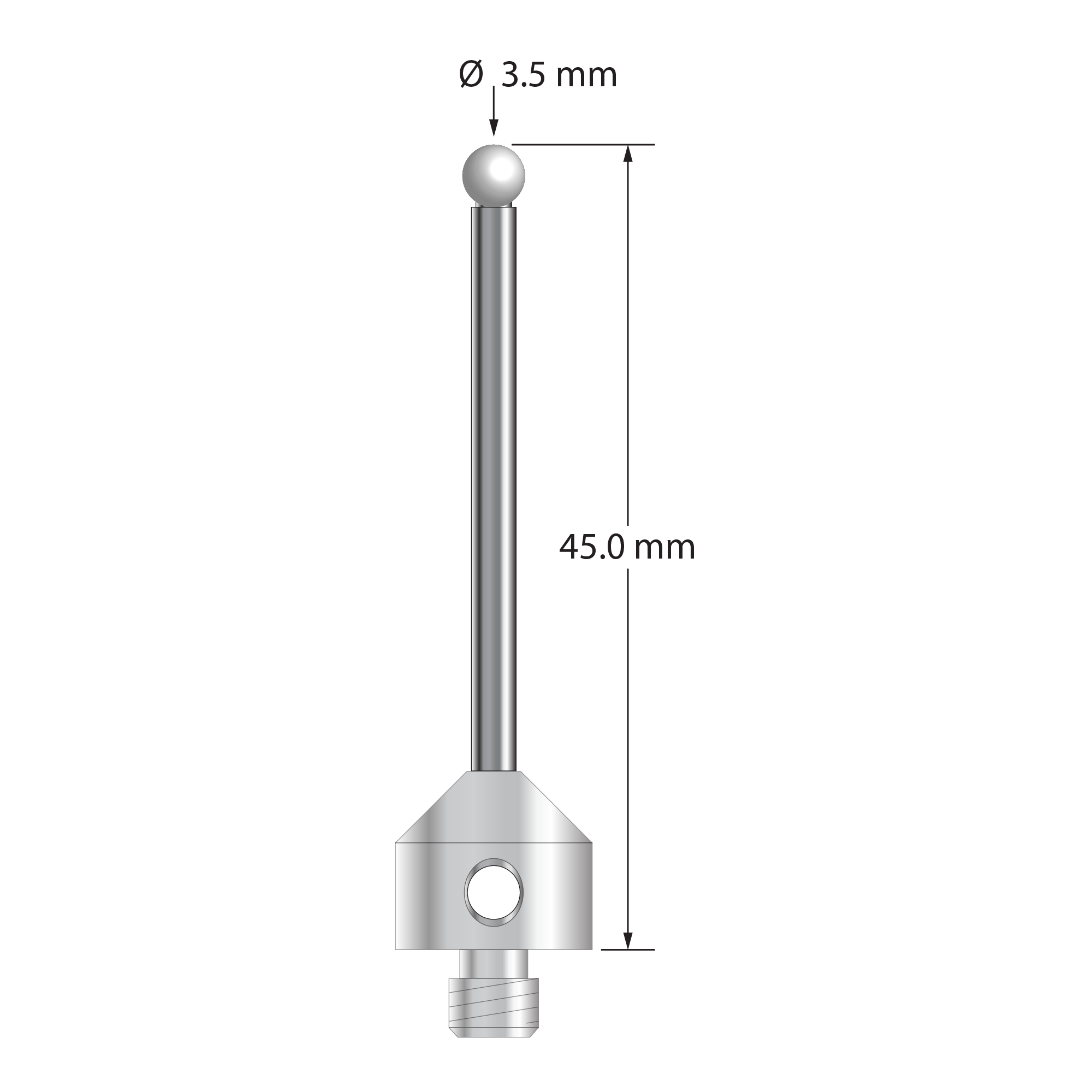 M5 stylus with 3.5 mm diameter zirconia ball, 2.5 mm diameter carbide stem, and 11.0 mm diameter x 10.0 mm long stainless steel base. Overall stylus length is 45.0 mm. Stylus weight is 7.98 grams.