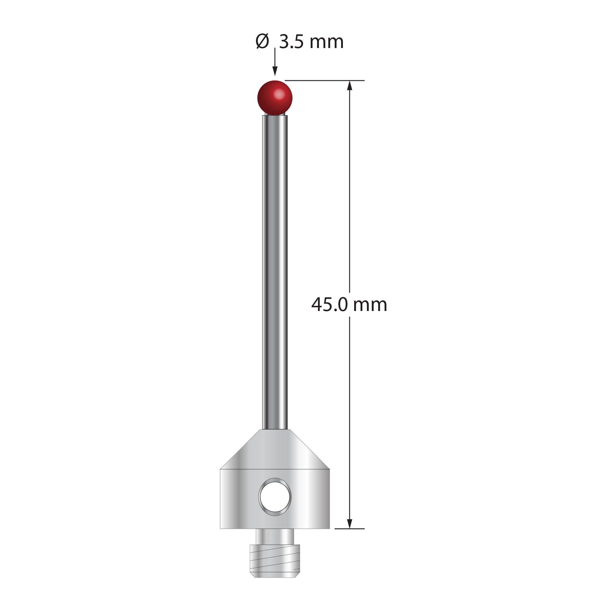 M5 stylus with 3.5 mm diameter ruby ball, 2.5 mm diameter carbide stem, and 11.0 mm diameter x 10.0 mm long stainless steel base. Overall stylus length is 45.0 mm. Stylus weight is 7.98 grams.