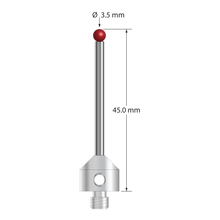 M5 stylus with 3.5 mm diameter ruby ball, 2.5 mm diameter carbide stem, and 11.0 mm diameter x 10.0 mm long stainless steel base. Overall stylus length is 45.0 mm. Stylus weight is 7.98 grams.