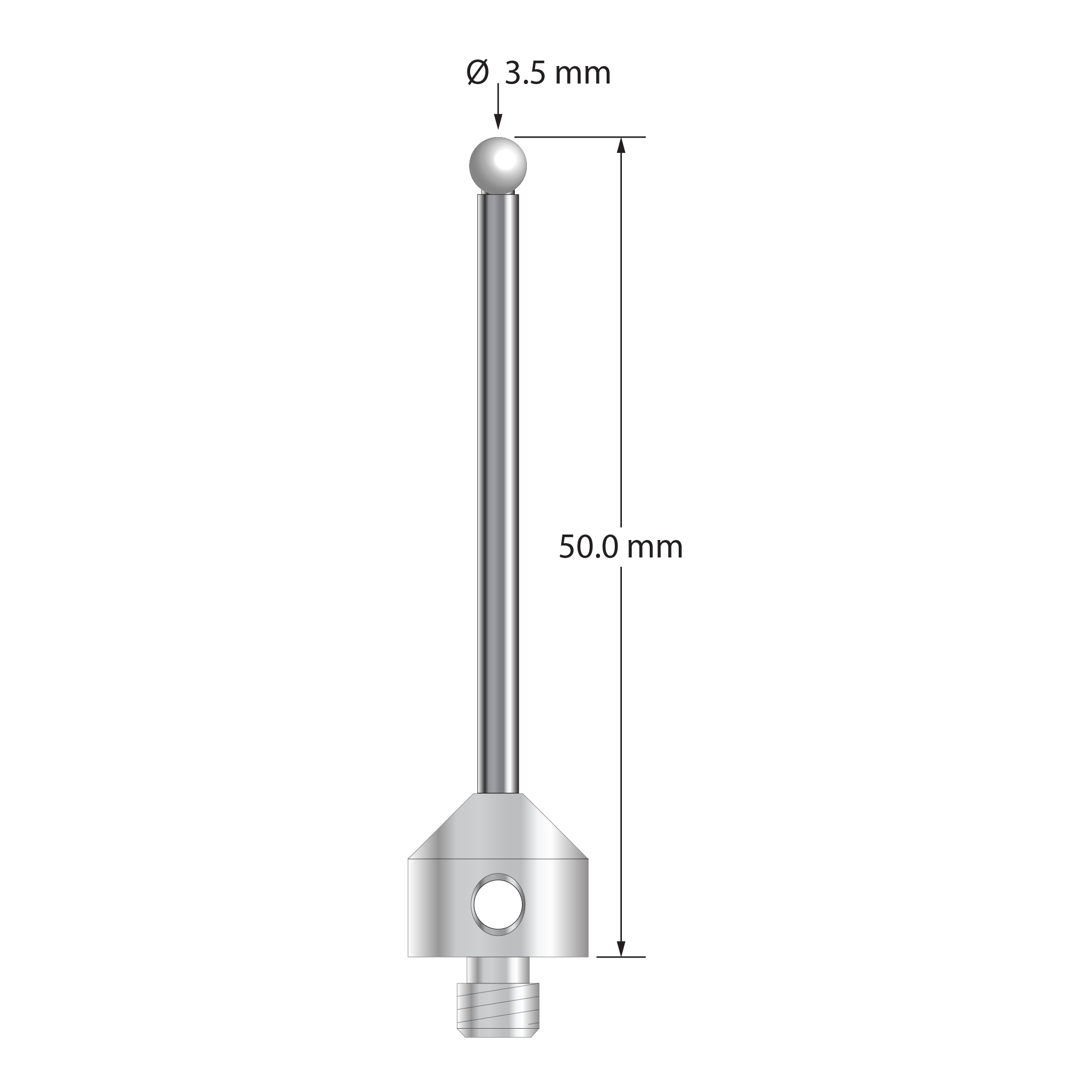 M5 stylus with 3.5 mm diameter zirconia ball, 2.5 mm diameter carbide stem, and 11.0 mm diameter x 10.0 mm long stainless steel base. Overall stylus length is 50.0 mm. Stylus weight is 8.32 grams.