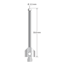 M5 stylus with 3.5 mm diameter zirconia ball, 2.5 mm diameter carbide stem, and 11.0 mm diameter x 10.0 mm long stainless steel base. Overall stylus length is 50.0 mm. Stylus weight is 8.32 grams.