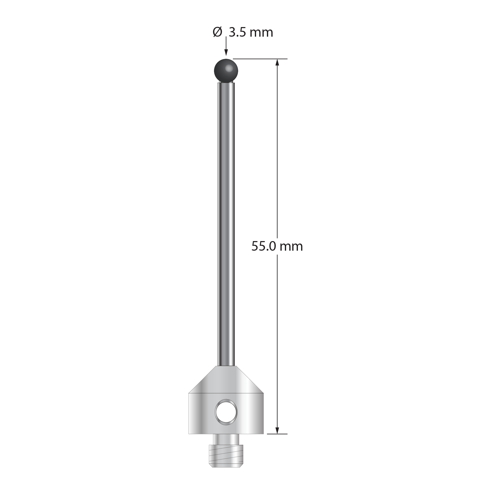 M5 stylus with 3.5 mm diameter silicon nitride ball, 2.5 mm diameter carbide stem, and 11.0 mm diameter x 10.0 mm long stainless steel base. Overall stylus length is 50.0 mm. Stylus weight is 8.66 grams.