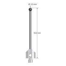 M5 stylus with 3.5 mm diameter silicon nitride ball, 2.5 mm diameter carbide stem, and 11.0 mm diameter x 10.0 mm long stainless steel base. Overall stylus length is 50.0 mm. Stylus weight is 8.66 grams.