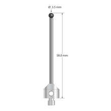 M5 stylus with 3.5 mm diameter silicon nitride ball, 2.5 mm diameter carbide stem, and 11.0 mm diameter x 10.0 mm long stainless steel base. Overall stylus length is 58.0 mm. Stylus weight is 8.86 grams.