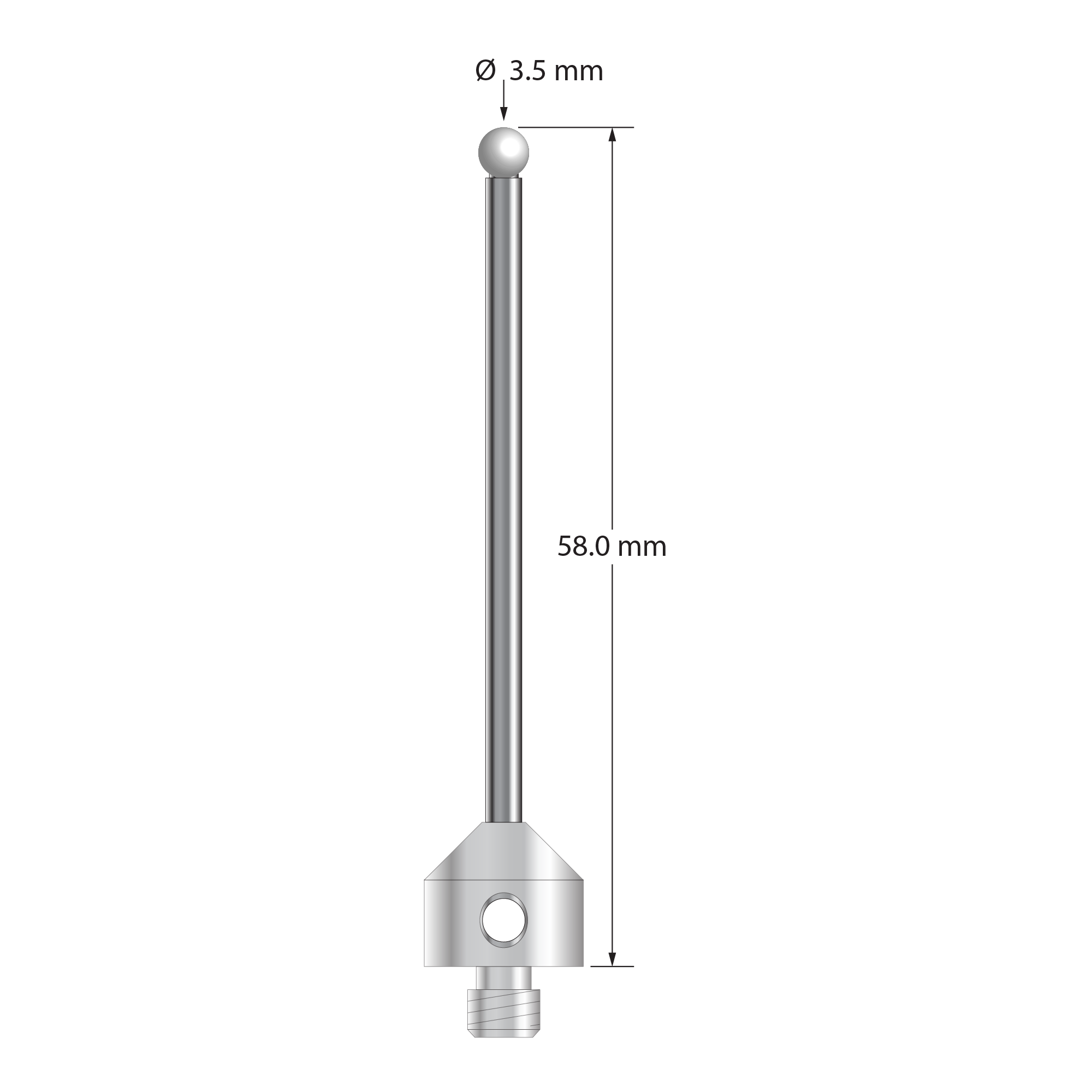 M5 stylus with 3.5 mm diameter zirconia ball, 2.5 mm diameter carbide stem, and 11.0 mm diameter x 10.0 mm long stainless steel base. Overall stylus length is 58.0 mm. Stylus weight is 8.86 grams.