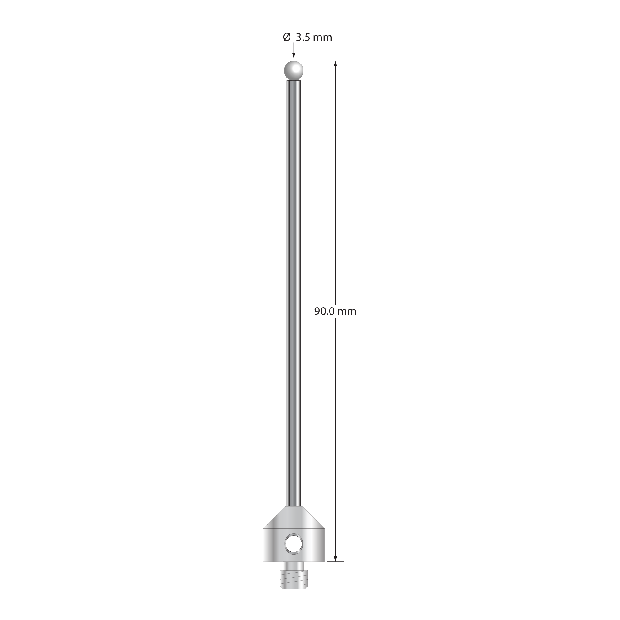 M5 stylus with 3.5 mm diameter zirconia ball, 2.5 mm diameter carbide stem, and 11.0 mm diameter x 10.0 mm long stainless steel base. Overall stylus length is 90.0 mm. Stylus weight is 11.04 grams.