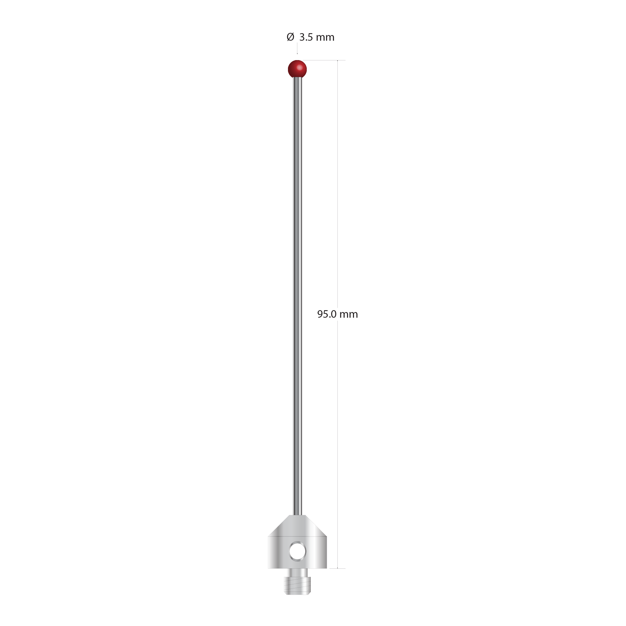 M5 stylus with 3.5 mm diameter ruby ball, 2.5 mm diameter carbide stem, and 11.0 mm diameter x 10.0 mm long stainless steel base. Overall stylus length is 90.0 mm. Stylus weight is 9.58 grams. Compare to Zeiss 626115-0351-095.