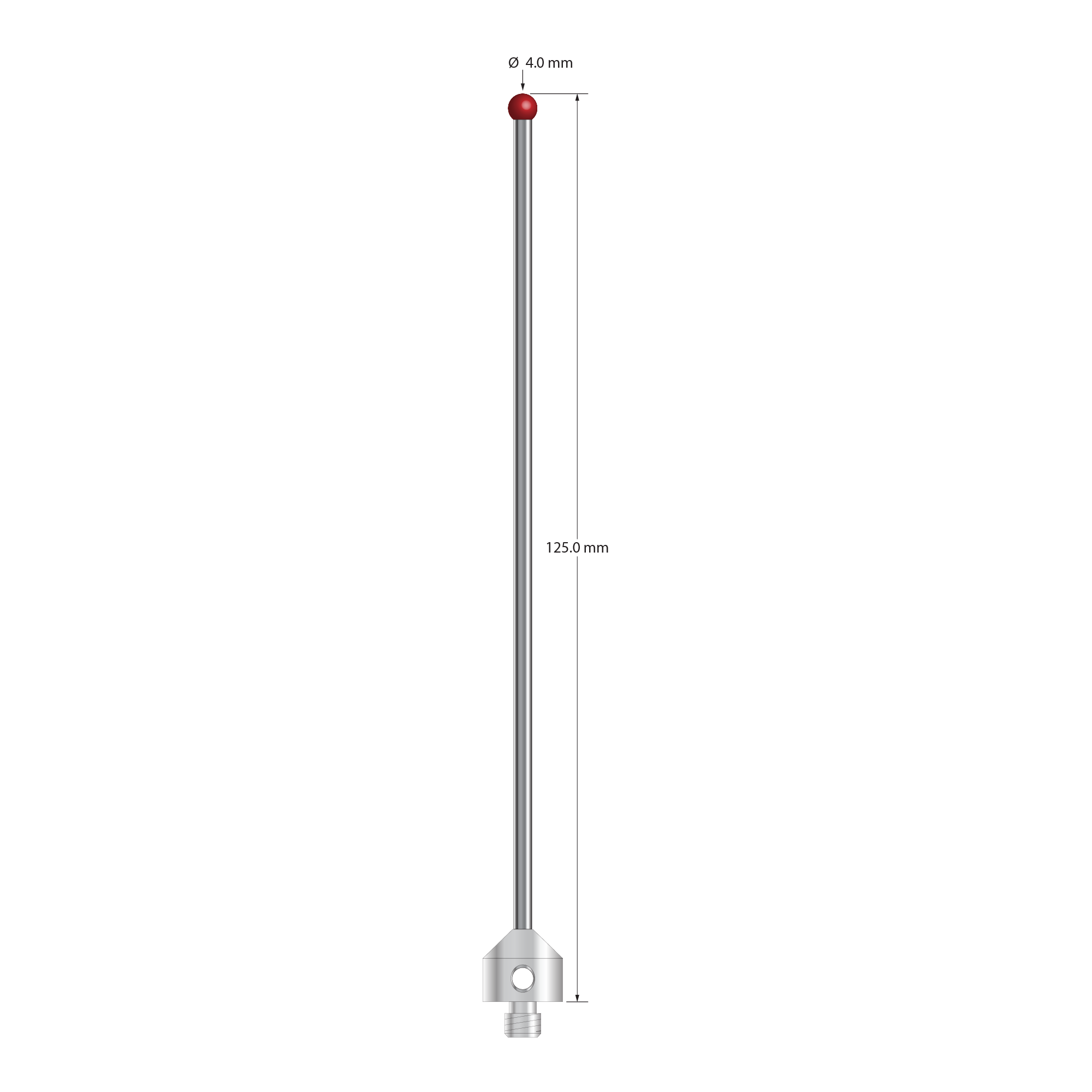 M5 stylus with 4.0 mm diameter ruby ball, 2.5 mm diameter carbide stem, and 11.0 mm diameter x 10.0 mm long stainless steel base. Overall stylus length is 125.0 mm. Stylus weight is 13.44 grams. Compare to Zeiss 626115-0401-125.