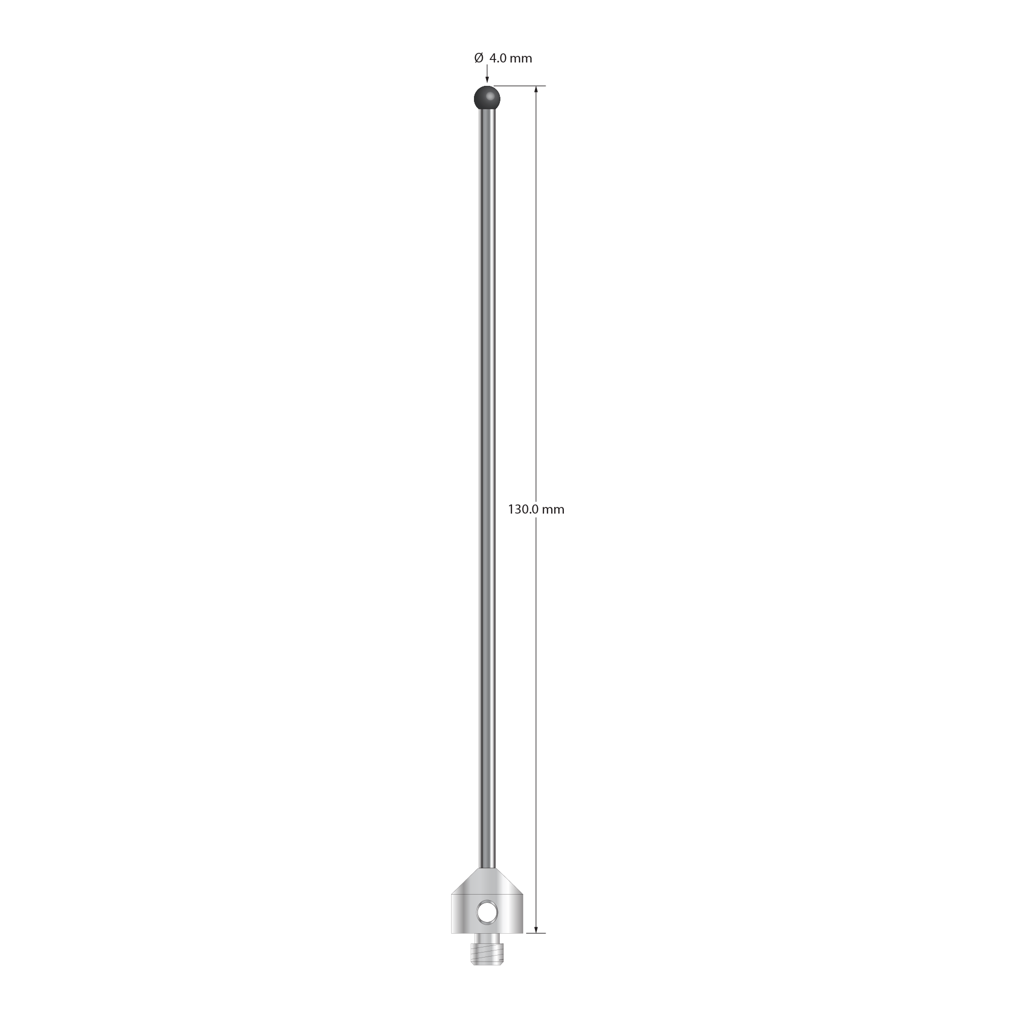 M5 stylus with 4.0 mm diameter silicon nitride ball, 2.5 mm diameter carbide stem, and 11.0 mm diameter x 10.0 mm long stainless steel base. Overall stylus length is 130.0 mm. Stylus weight is 13.78 grams. Compare to Zeiss 626115-0403-130.