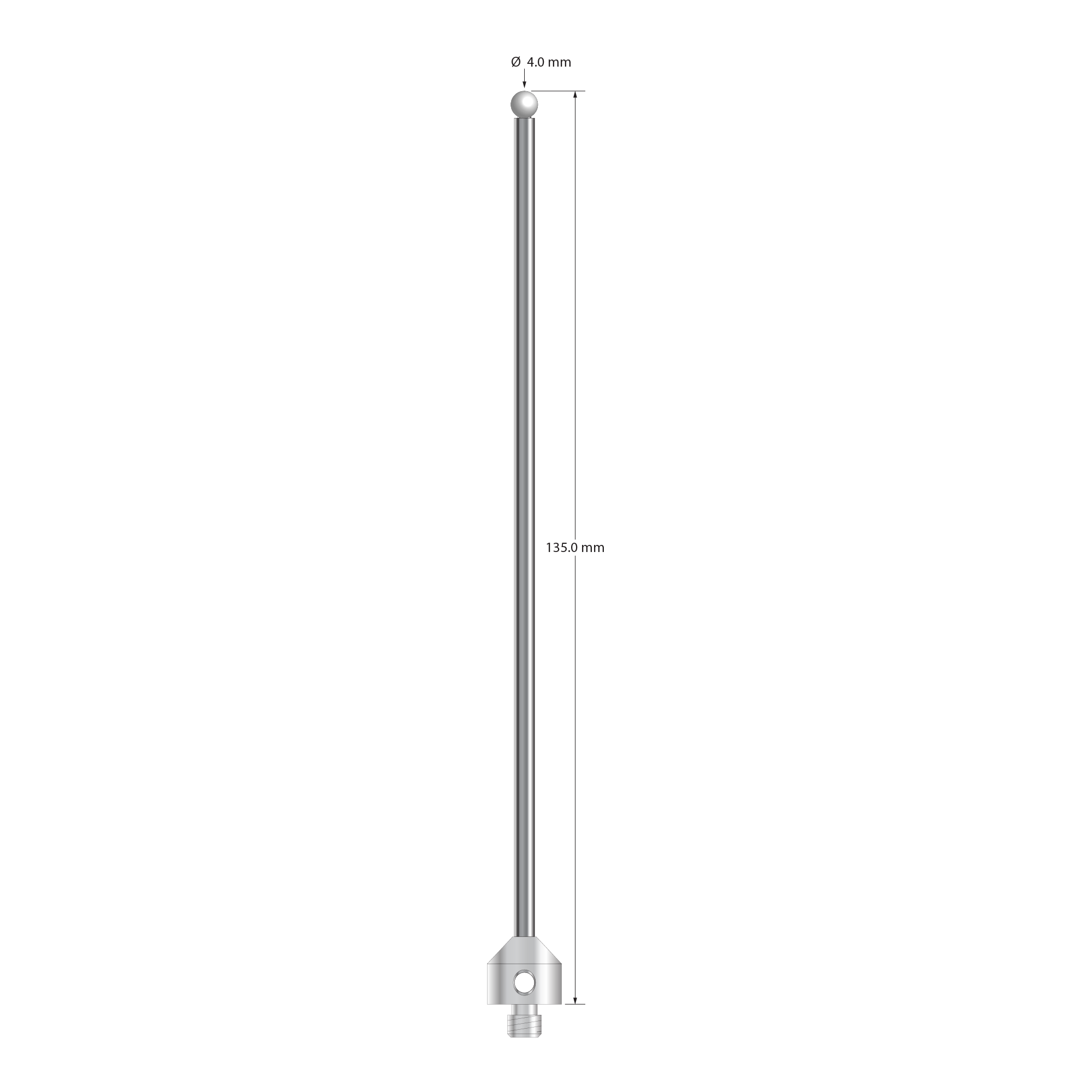 M5 stylus with 4.0 mm diameter zirconia ball, 3.0 mm diameter carbide stem, and 11.0 mm diameter x 10.0 mm long stainless steel base. Overall stylus length is 135.0 mm. Stylus weight is 18.32 grams.