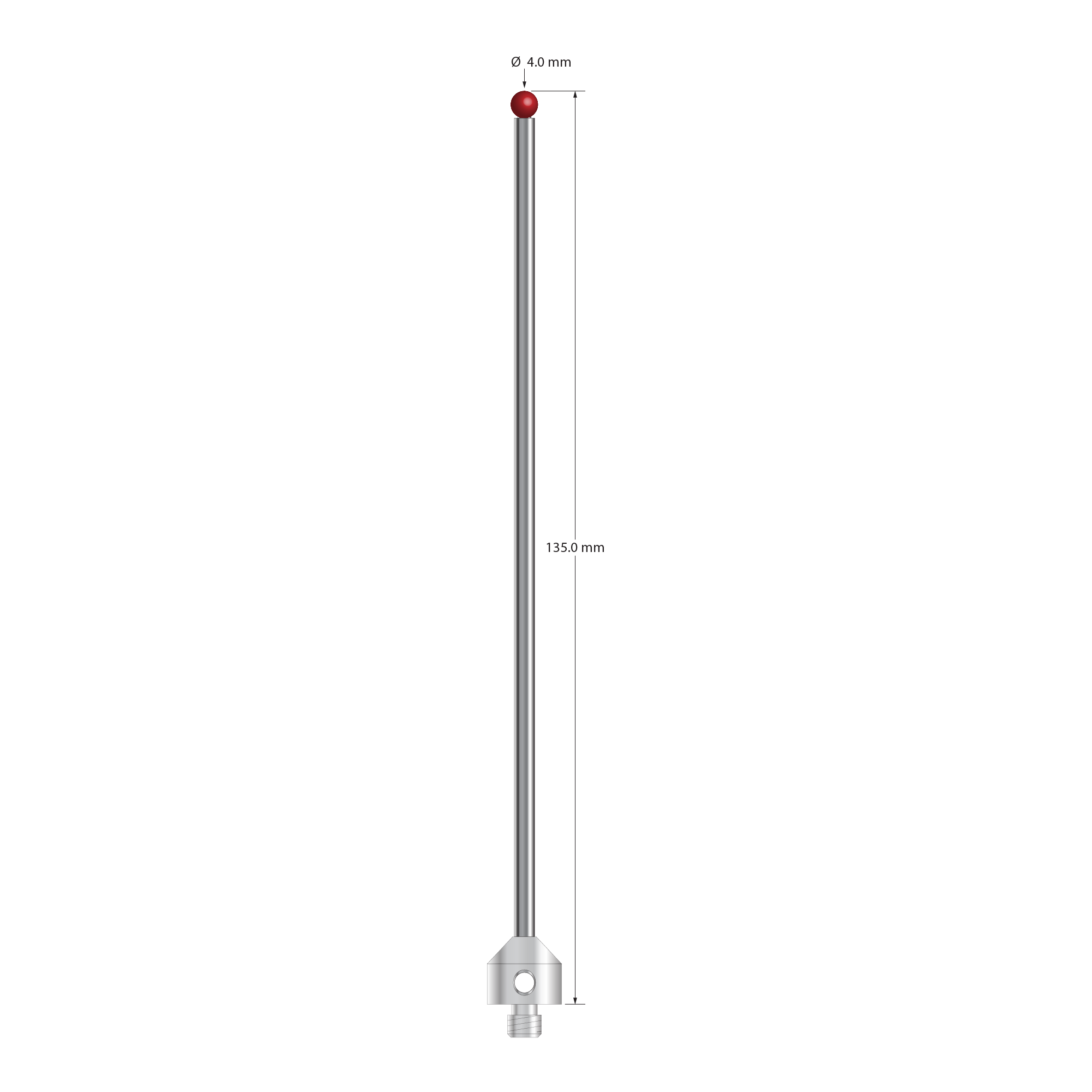 M5 stylus with 4.0 mm diameter ruby ball, 3.0 mm diameter carbide stem, and 11.0 mm diameter x 10.0 mm long stainless steel base. Overall stylus length is 135.0 mm. Stylus weight is 18.32 grams. Compare to Zeiss 626115-0401-135.