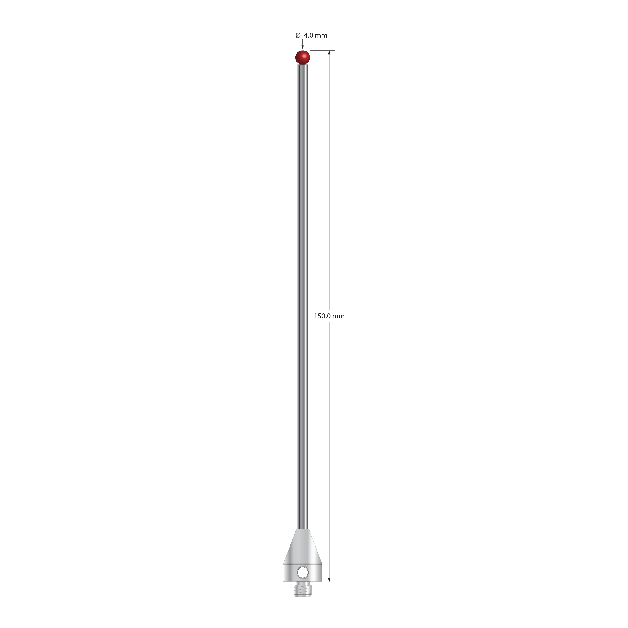 ATG-40150 M5 stylus with 4.0mm ruby ball, carbide stem, and stainless steel base, 150mm long.