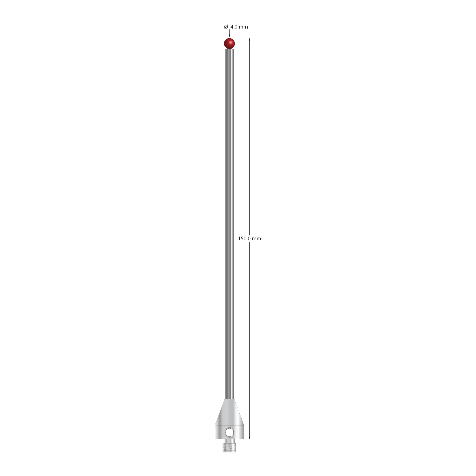 M5 stylus with 4.0 mm diameter ruby ball, 3.0 mm diameter carbide stem, and 11.0 mm diameter x 15.0 mm long stainless steel base. Overall stylus length is 150.0 mm. Stylus weight is 21.14 grams. Compare to Zeiss 626115-0400-150.