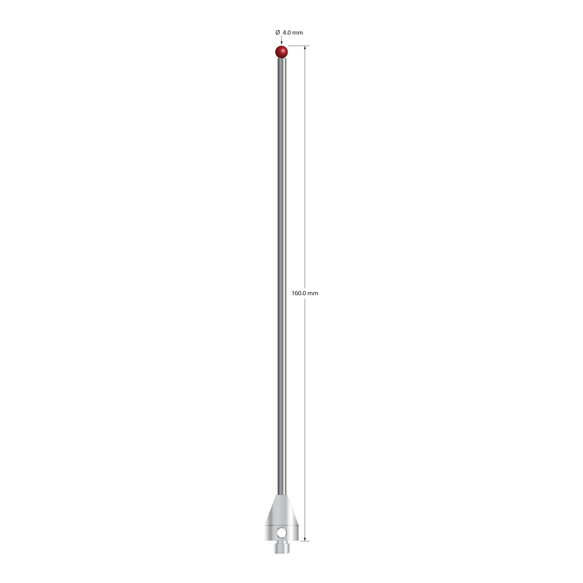 M5 stylus with 4.0 mm diameter ruby ball, 3.0 mm diameter carbide stem, and 11.0 mm diameter x 15.0 mm long stainless steel base. &nbsp;Overall stylus length is 160.0 mm. &nbsp;Stylus weight is 22.15 grams. Compare to Zeiss 626115-0400-160.