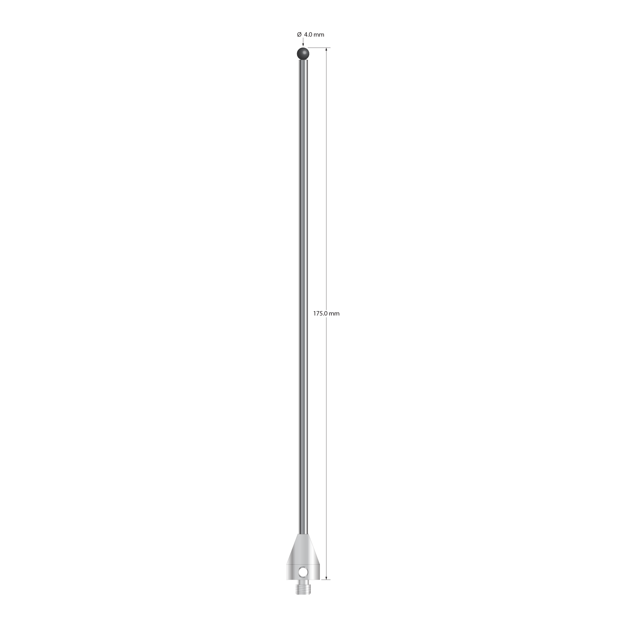 M5 stylus with 4.0 mm diameter silicon nitride ball, 3.0 mm diameter carbide stem, and 11.0 mm diameter x 15.0 mm long stainless steel base. Overall stylus length is 175.0 mm. Stylus weight is 23.67 grams.