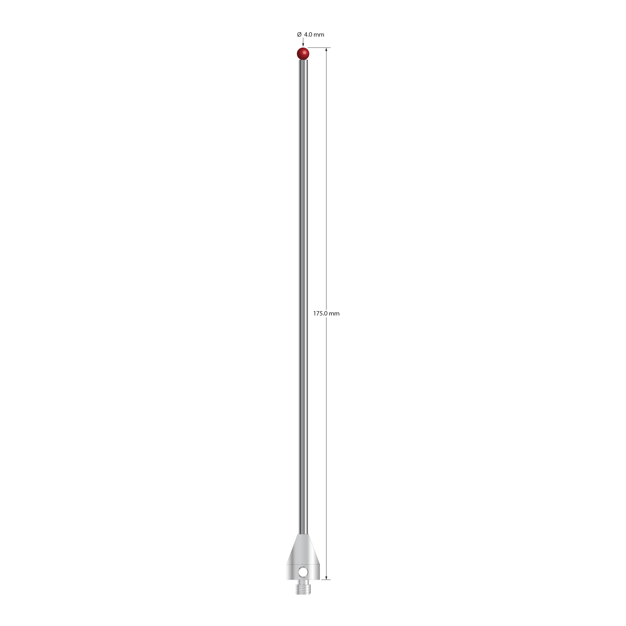 M5 stylus with 4.0 mm diameter ruby ball, 3.0 mm diameter carbide stem, and 11.0 mm diameter x 15.0 mm long stainless steel base. Overall stylus length is 175.0 mm. Stylus weight is 23.67 grams.