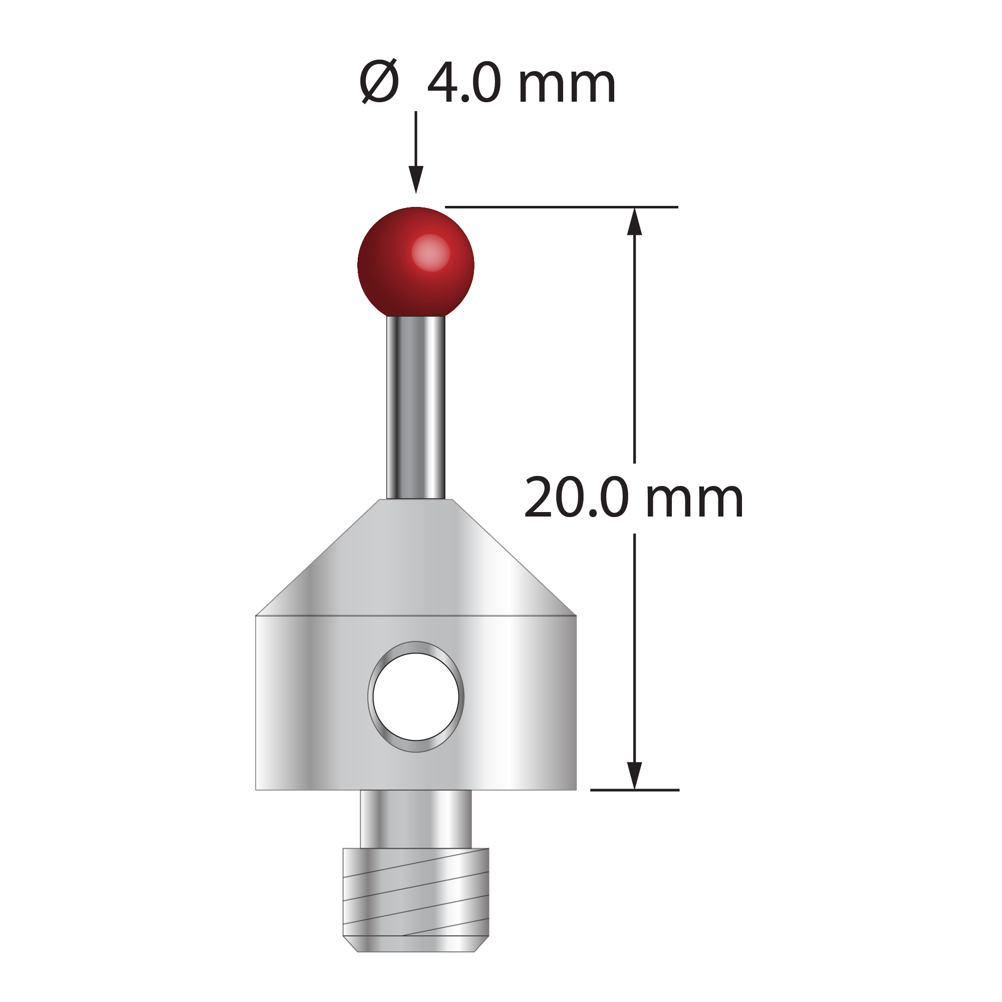 M5 stylus with 4.0 mm ruby ball, 2.0 mm diameter carbide stem, and 11.0 mm diameter x 10.0 mm long stainless steel base. Overall stylus length is 20.0 mm. Stylus weight is 5.77 grams. Compare to Zeiss 626115-0401-020.