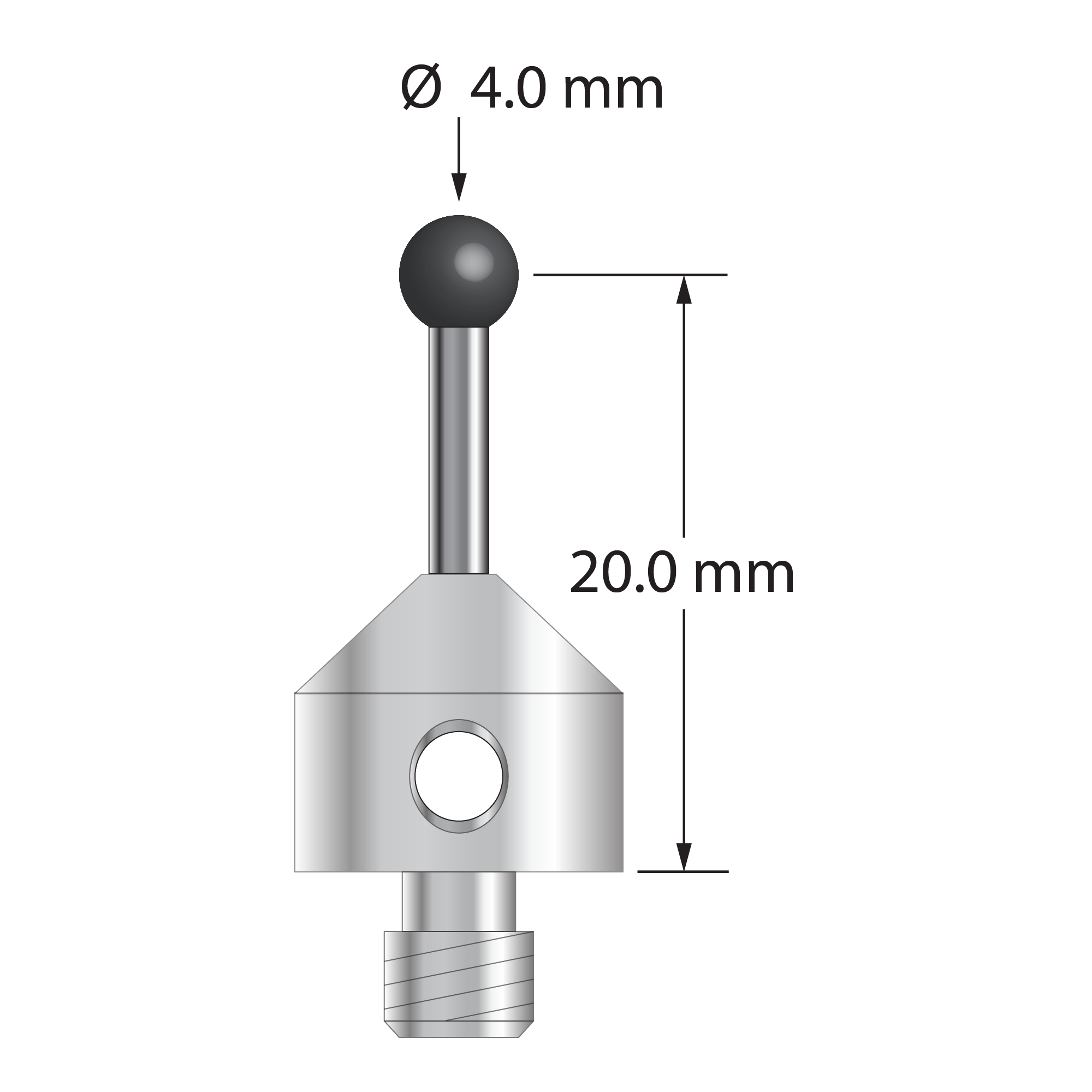 M5 stylus, 4.0 mm silicon nitride ball, 2.0 mm diameter carbide stem, 11.0 mm diameter x 10.0 mm long stainless steel base. Stylus length to ball center is 20.0 mm. Stylus weight is 5.91 grams. Compare to Zeiss 626105-0405-022.