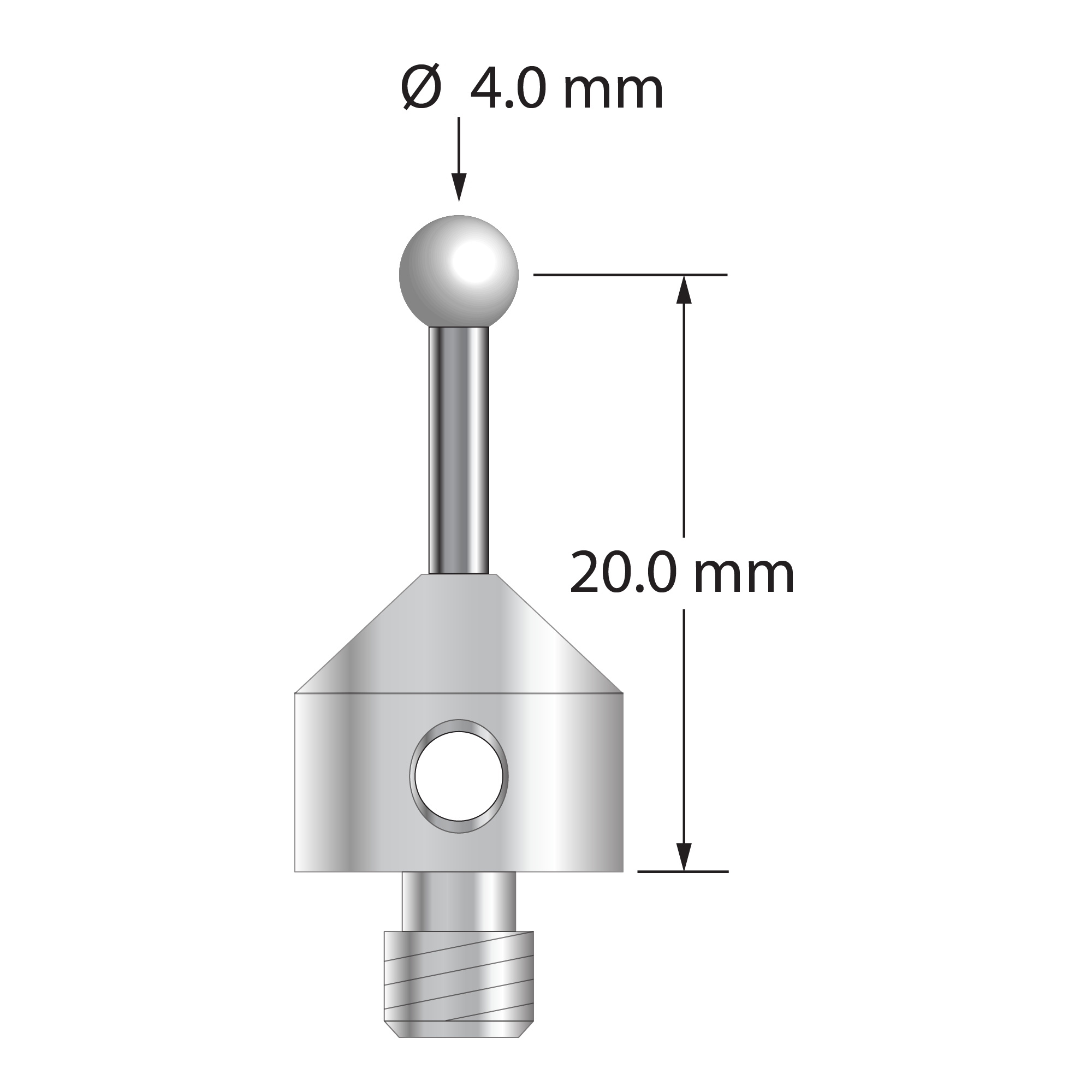 M5 stylus, 4.0 mm zirconia ball, 2.0 mm diameter carbide stem, 11.0 mm diameter x 10.0 mm long stainless steel base. Stylus length to ball center is 20.0 mm. Stylus weight is 5.91 grams.