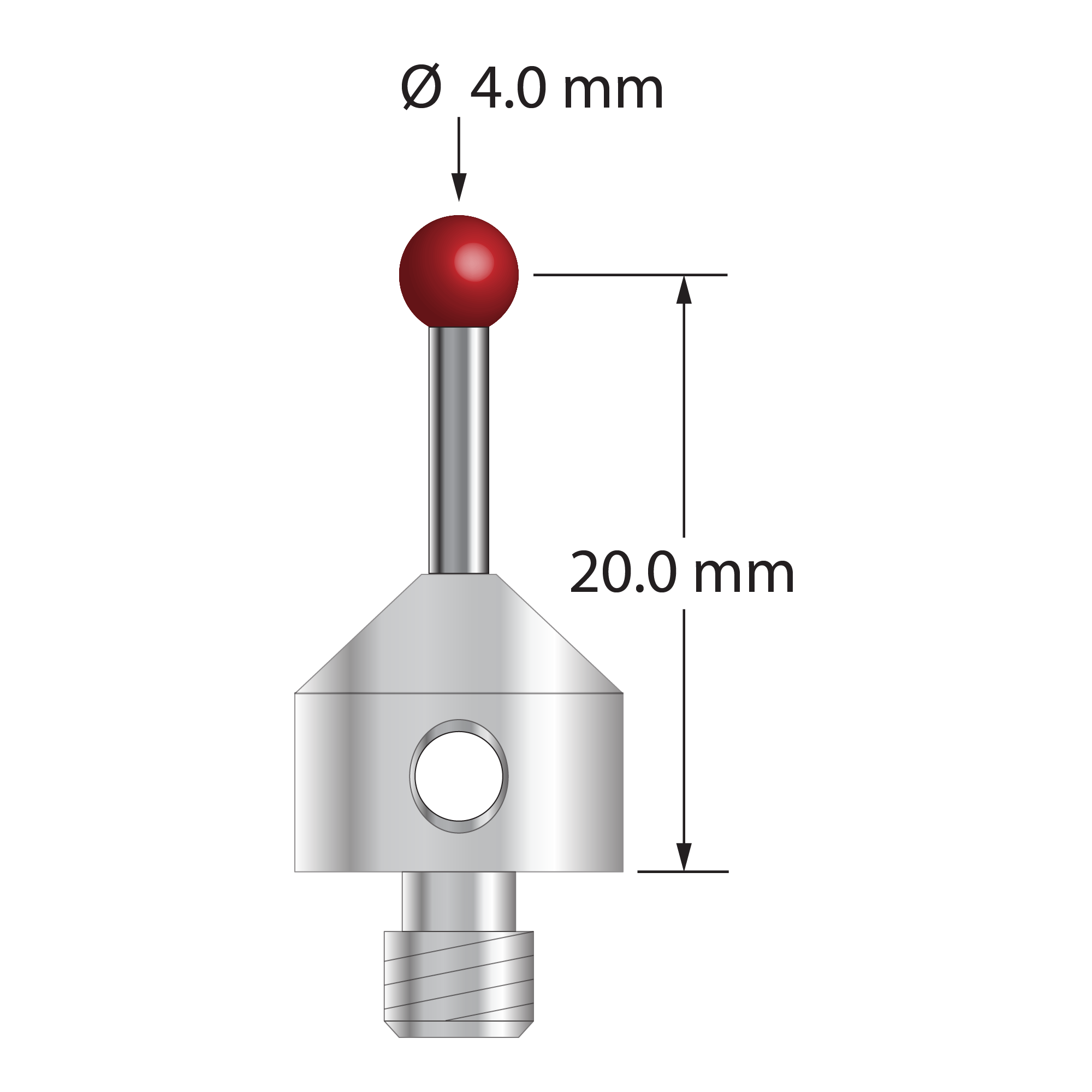 M5 stylus, 4.0 mm ruby ball, 2.0 mm diameter carbide stem, 11.0 mm diameter x 10.0 mm long stainless steel base. Stylus length to ball center is 20.0 mm. Stylus weight is 5.91 grams. Compare to Renishaw A-5003-5209 and Zeiss 626115-0400-022.