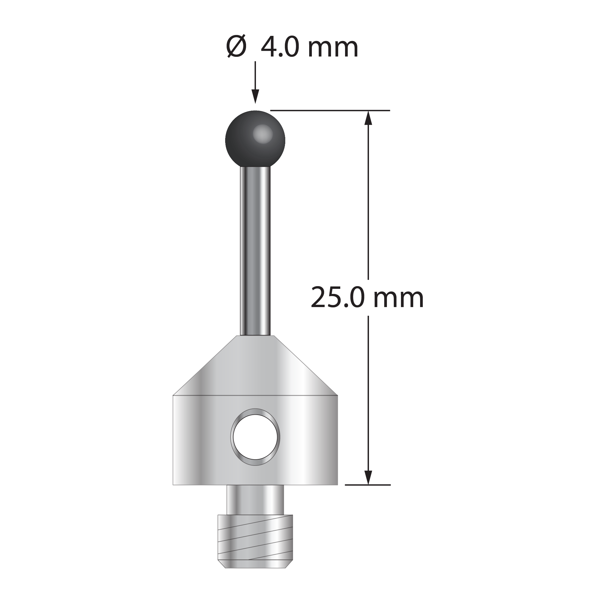 M5 stylus with 4.0 mm diameter silicon nitride ball, 2.0 mm diameter carbide stem, and 11.0 mm diameter x 10.0 mm long stainless steel base. Overall stylus length is 25.0 mm. Stylus weight is 6.42 grams. Compare to Zeiss 626105-0405-025.