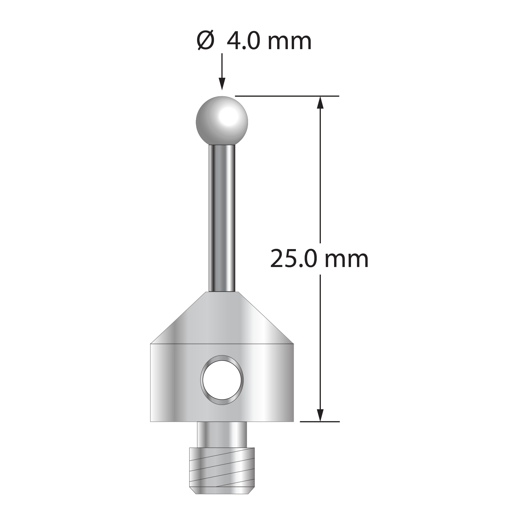 M5 stylus with 4.0 mm diameter zirconia ball, 2.0 mm diameter carbide stem, and 11.0 mm diameter x 10.0 mm long stainless steel base. Overall stylus length is 25.0 mm. Stylus weight is 6.42 grams.