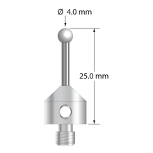 M5 stylus with 4.0 mm diameter zirconia ball, 2.0 mm diameter carbide stem, and 11.0 mm diameter x 10.0 mm long stainless steel base. Overall stylus length is 25.0 mm. Stylus weight is 6.42 grams.