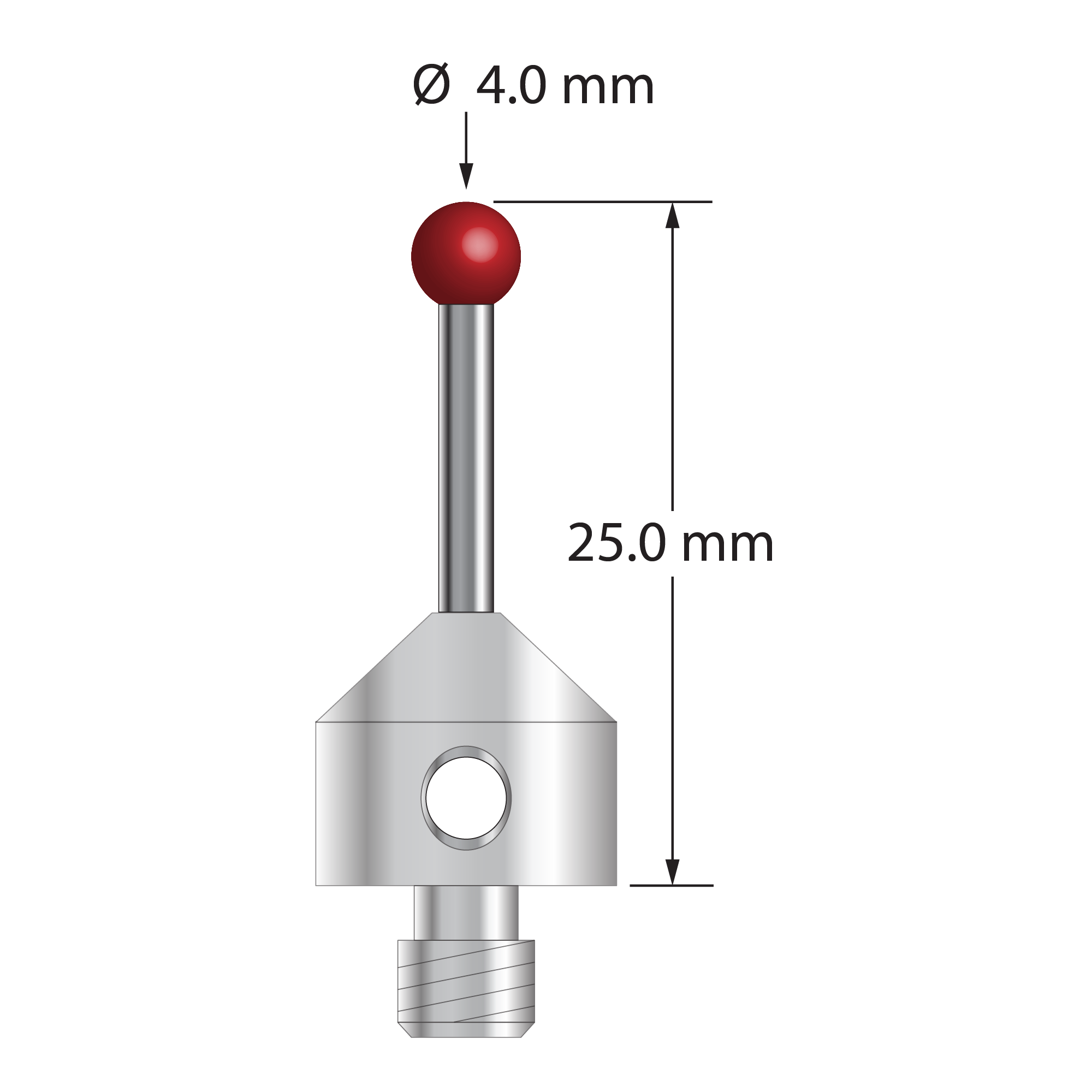 M5 stylus with 4.0 mm diameter ruby ball, 2.0 mm diameter carbide stem, and 11.0 mm diameter x 10.0 mm long stainless steel base. Overall stylus length is 25.0 mm. Stylus weight is 6.42 grams. Compare to Zeiss 626115-0400-025.