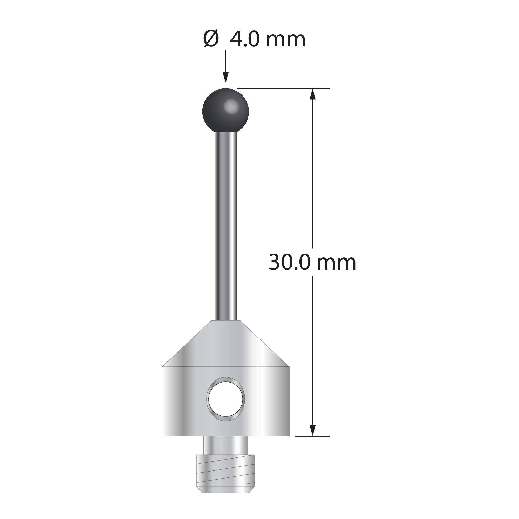 M5 stylus with 4.0 mm diameter silicon nitride ball, 2.0 mm diameter carbide stem, and 11.0 mm diameter x 10.0 mm long stainless steel base. Overall stylus length is 30.0 mm. Stylus weight is 6.64 grams. Compare to Zeiss 626105-0405-030.