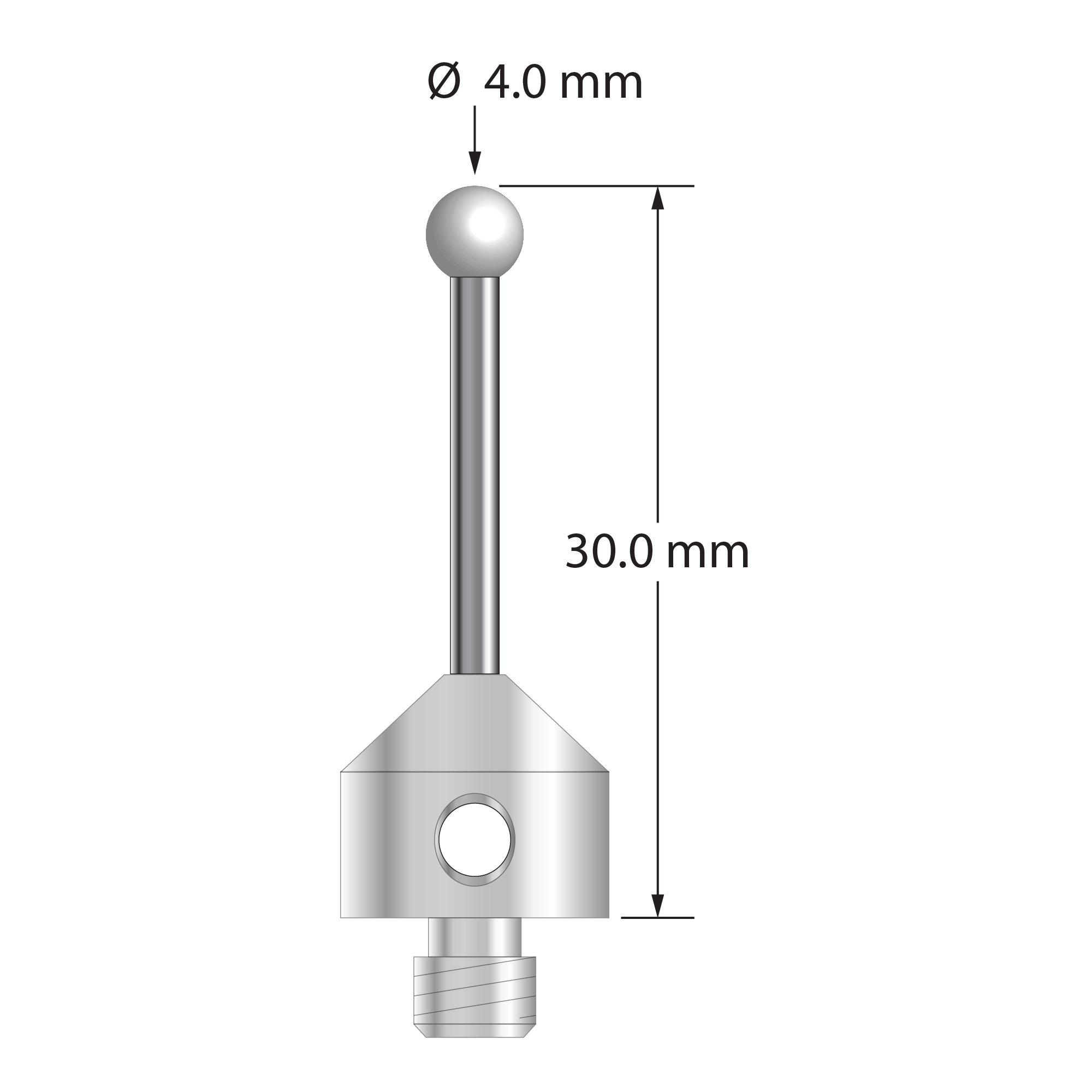 M5 stylus with 4.0 mm diameter zirconia ball, 2.0 mm diameter carbide stem, and 11.0 mm diameter x 10.0 mm long stainless steel base. Overall stylus length is 30.0 mm. Stylus weight is 6.64 grams.