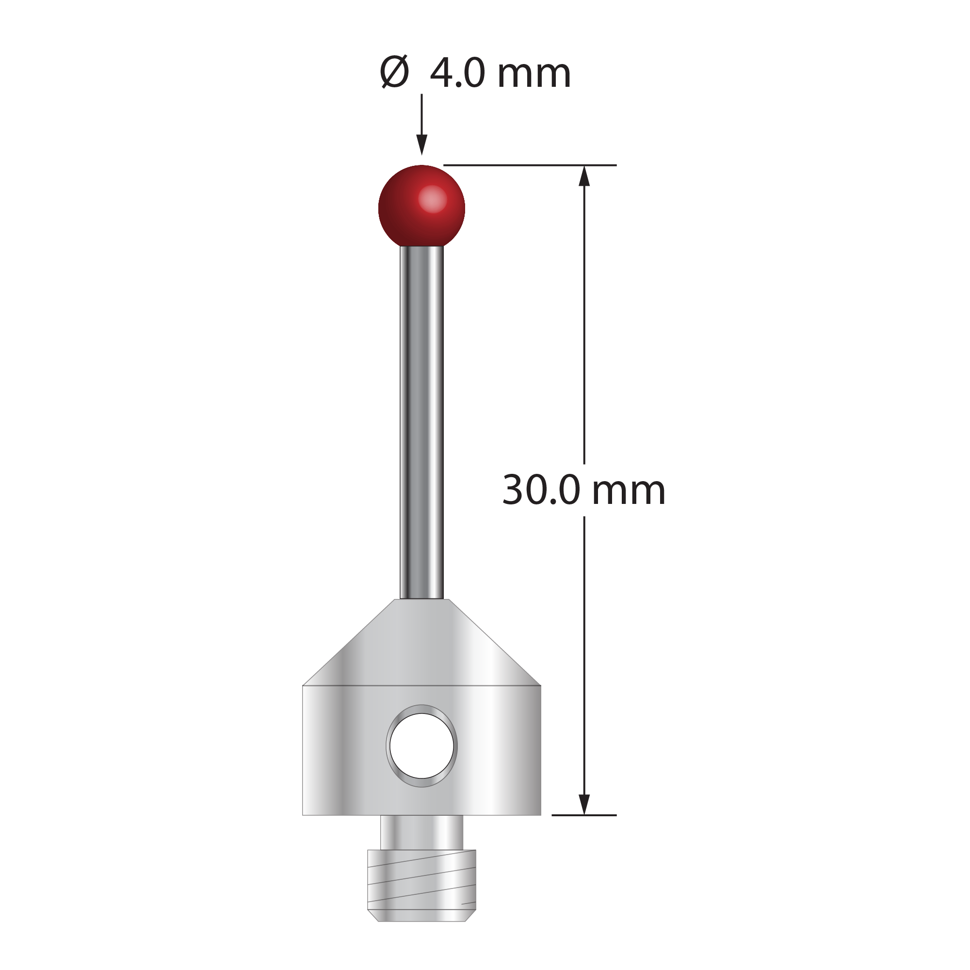 M5 stylus with 4.0 mm diameter ruby ball, 2.0 mm diameter carbide stem, and 11.0 mm diameter x 10.0 mm long stainless steel base. Overall stylus length is 30.0 mm. Stylus weight is 6.64 grams. Compare to Zeiss 626115-0400-030.