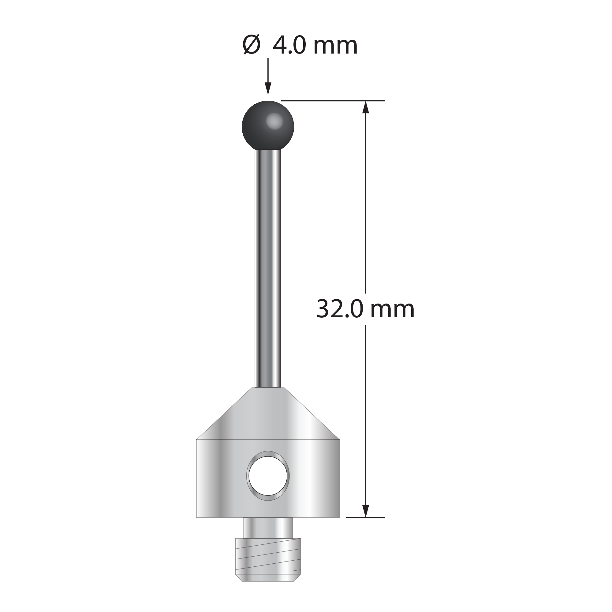 M5 stylus with 4.0 mm diameter silicon nitride ball, 2.0 mm diameter carbide stem, and 11.0 mm diameter x 10.0 mm long stainless steel base. Stylus length to ball center is 30.0 mm. Stylus weight is 6.72 grams.