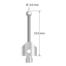 M5 stylus with 4.0 mm diameter zirconia ball, 2.0 mm diameter carbide stem, and 11.0 mm diameter x 10.0 mm long stainless steel base. Stylus length to ball center is 30.0 mm. Stylus weight is 6.72 grams.