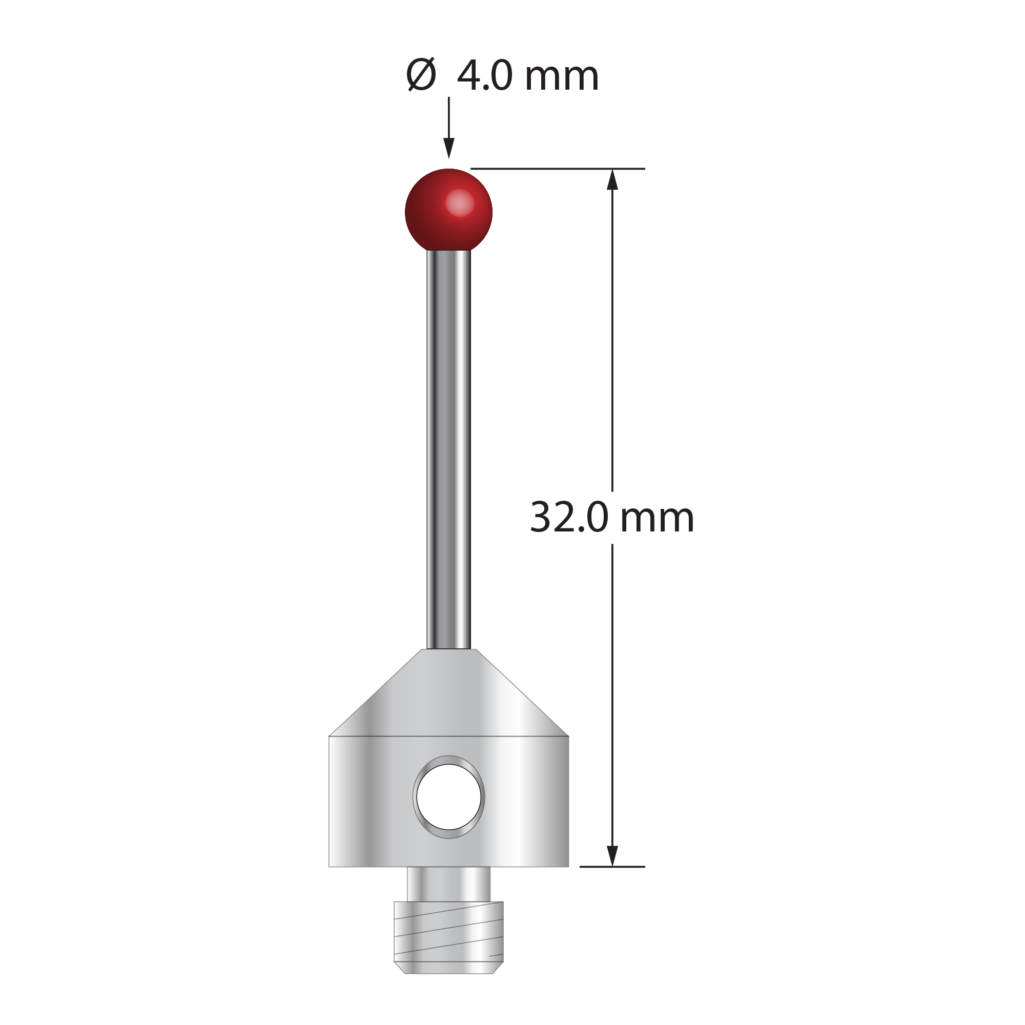 M5 stylus with 4.0 mm diameter ruby ball, 2.0 mm diameter carbide stem, and 11.0 mm diameter x 10.0 mm long stainless steel base. Stylus length to ball center is 30.0 mm. Stylus weight is 6.72 grams. Compare to Renishaw A-5003-5219.
