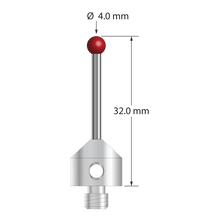 M5 stylus with 4.0 mm diameter ruby ball, 2.0 mm diameter carbide stem, and 11.0 mm diameter x 10.0 mm long stainless steel base. Stylus length to ball center is 30.0 mm. Stylus weight is 6.72 grams. Compare to Renishaw A-5003-5219.