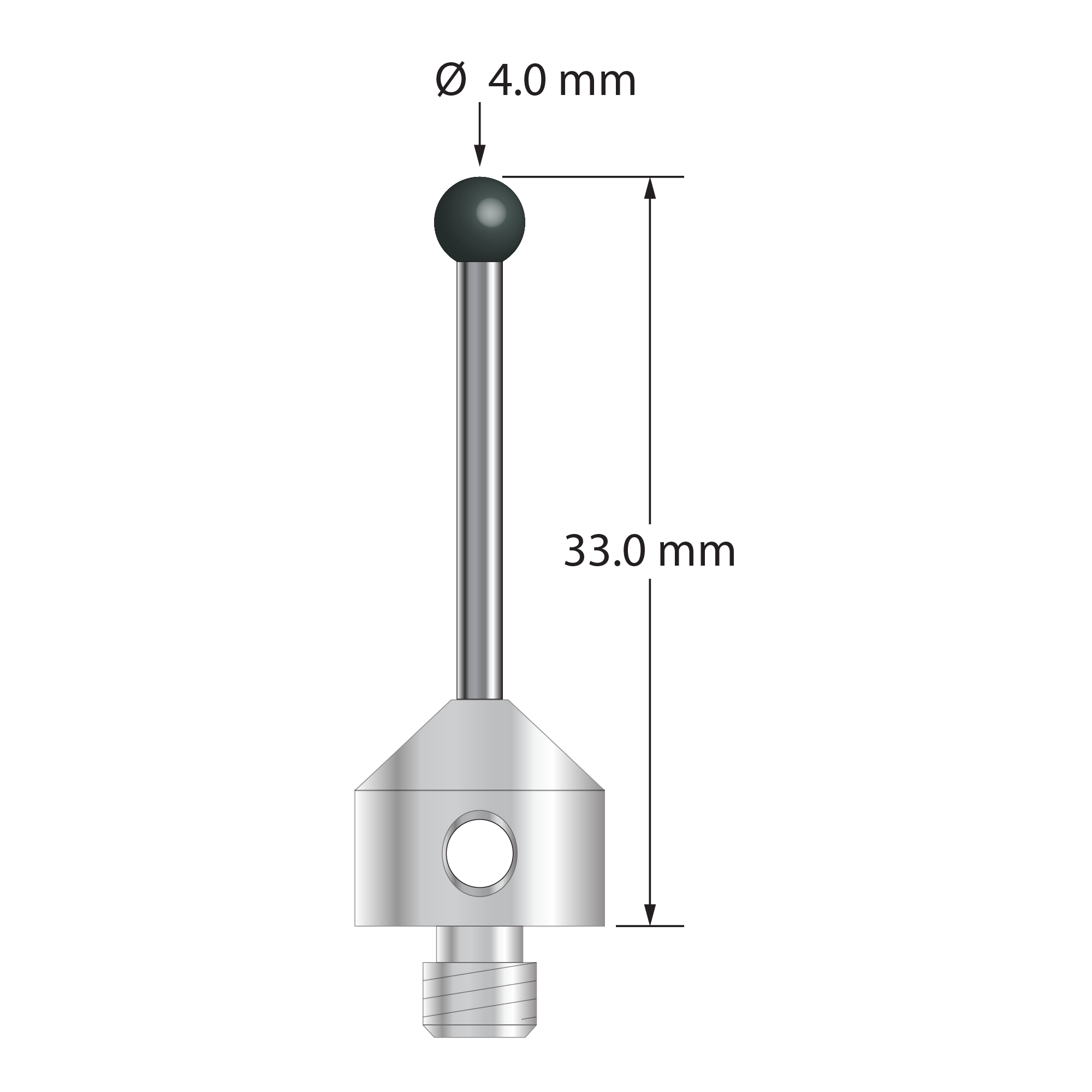 M5 stylus with 4.0 mm diameter silicon nitride ball, 2.0 mm diameter carbide stem, and 11.0 mm diameter x 10.0 mm long stainless steel base. Overall stylus length is 33.0 mm. Stylus weight is 6.77 grams. Compare to Zeiss 626115-0400-033.