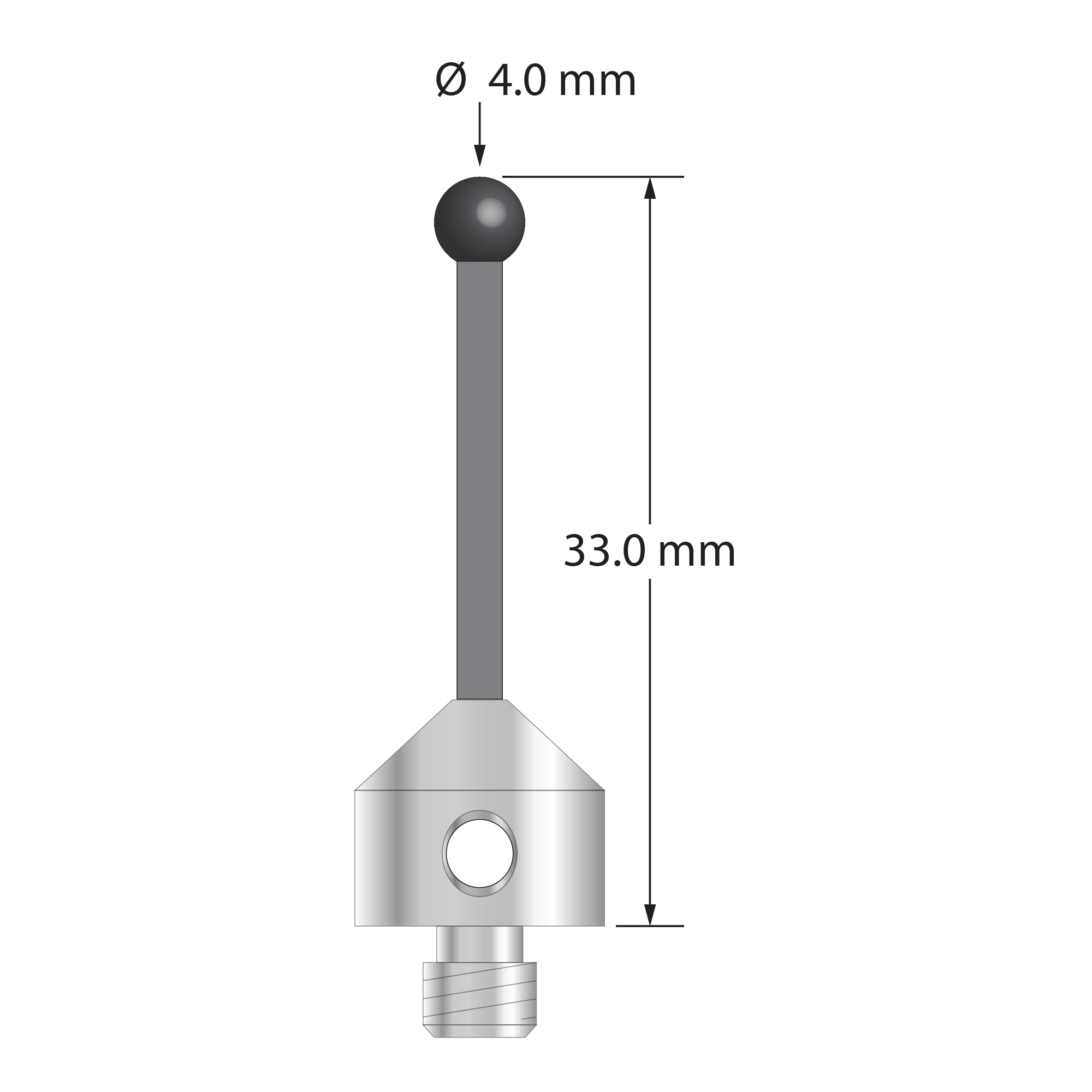 Low weight M5 stylus with 4.0 mm diameter silicon nitride ball, 2.0 mm diameter Therm-X carbon fiber stem, and 11.0 mm diameter x 10.0 mm long titanium base. Overall stylus length is 33.0 mm. Stylus weight is 3.45 grams. Compare to Zeiss 626105-0401-033.