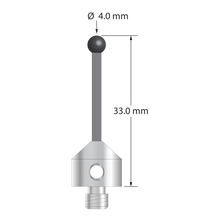 Low weight M5 stylus with 4.0 mm diameter silicon nitride ball, 2.0 mm diameter Therm-X carbon fiber stem, and 11.0 mm diameter x 10.0 mm long titanium base. Overall stylus length is 33.0 mm. Stylus weight is 3.45 grams. Compare to Zeiss 626105-0401-033.