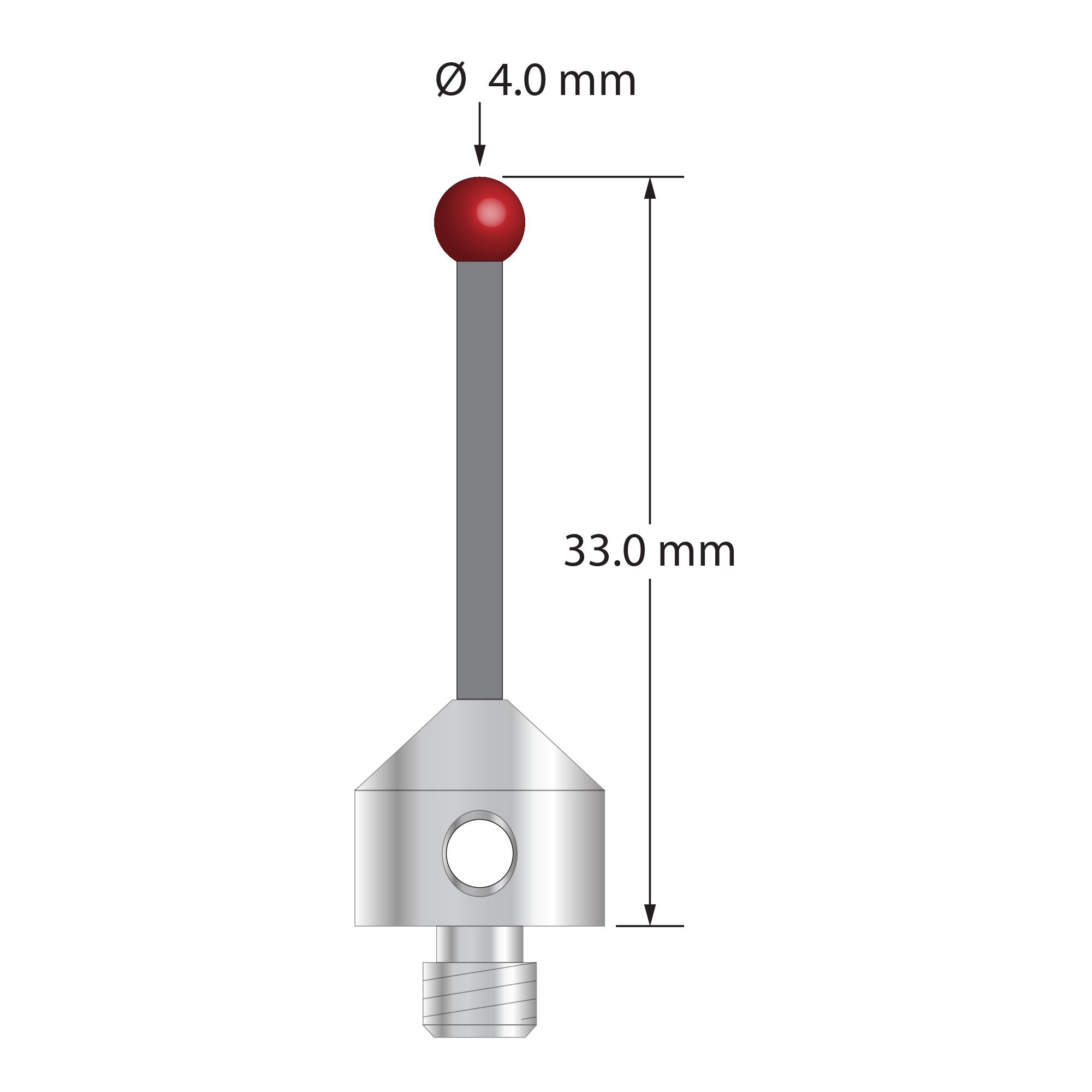 Low weight M5 stylus with 4.0 mm diameter ruby ball, 2.0 mm diameter Therm-X carbon fiber stem, and 11.0 mm diameter x 10.0 mm long titanium base. Overall stylus length is 33.0 mm. Stylus weight is 3.45 grams. Compare to Zeiss 626105-0400-033.