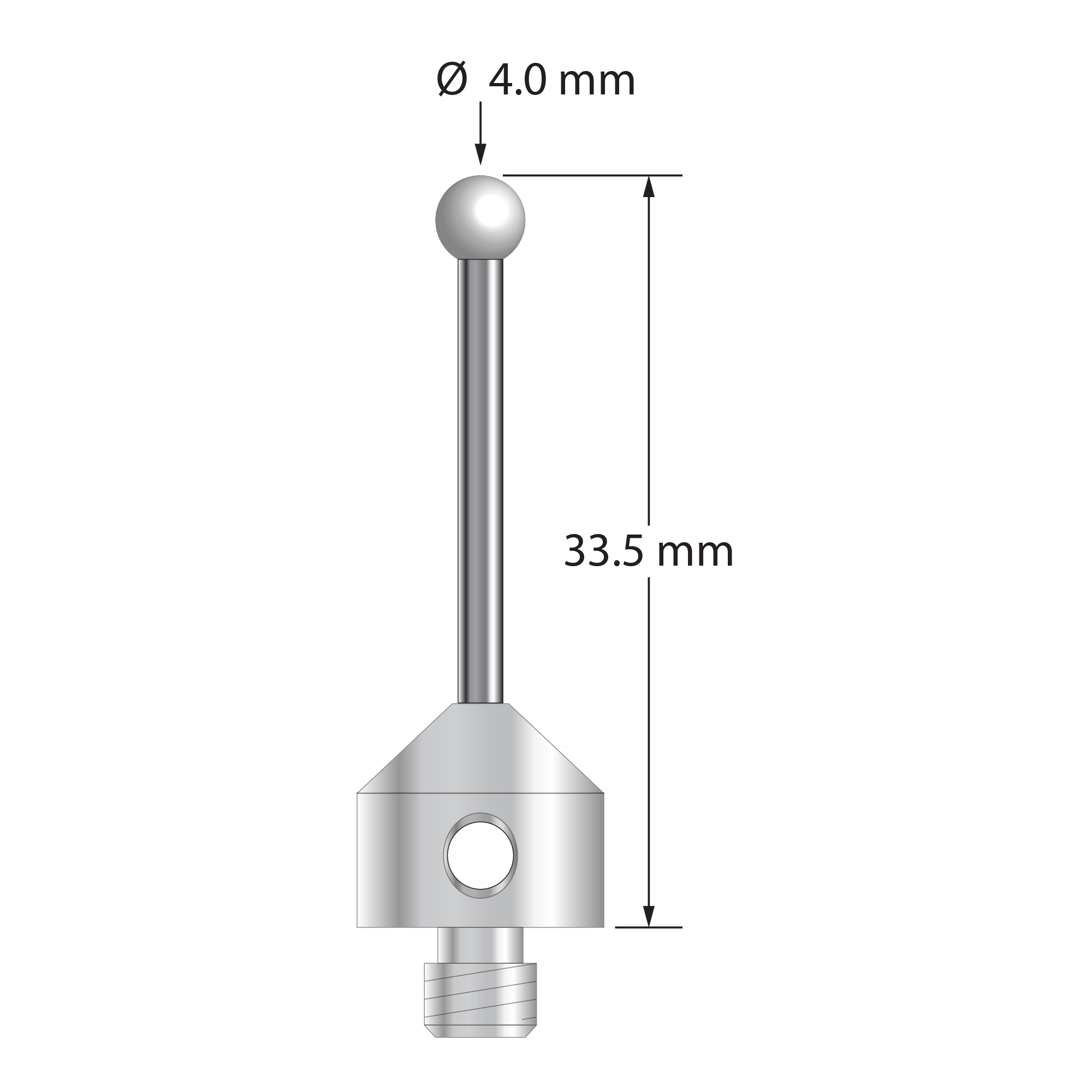 M5 stylus with 4.0 mm diameter zirconia ball, 2.0 mm diameter carbide stem, and 11.0 mm diameter x 10.0 mm long stainless steel base. Overall stylus length is 33.5 mm. Stylus weight is 6.80 grams.