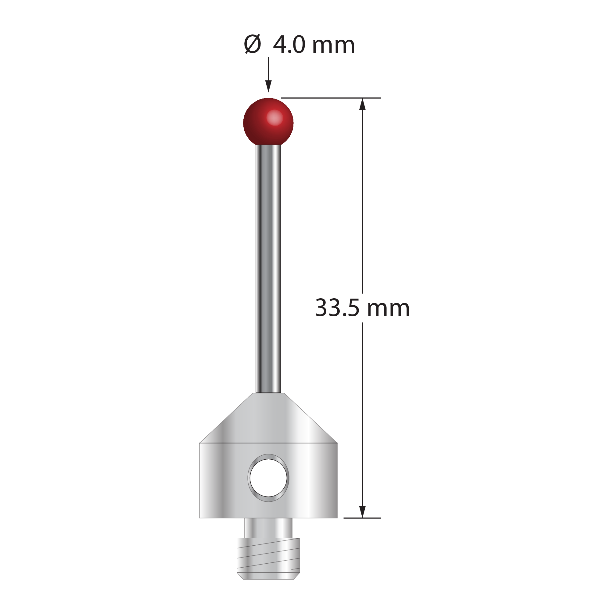 M5 stylus with 4.0 mm diameter ruby ball, 2.0 mm diameter carbide stem, and 11.0 mm diameter x 10.0 mm long stainless steel base. Overall stylus length is 33.5 mm. Stylus weight is 6.80 grams. Compare to Zeiss 600342-8025-000 and Renishaw A-5555-0022.