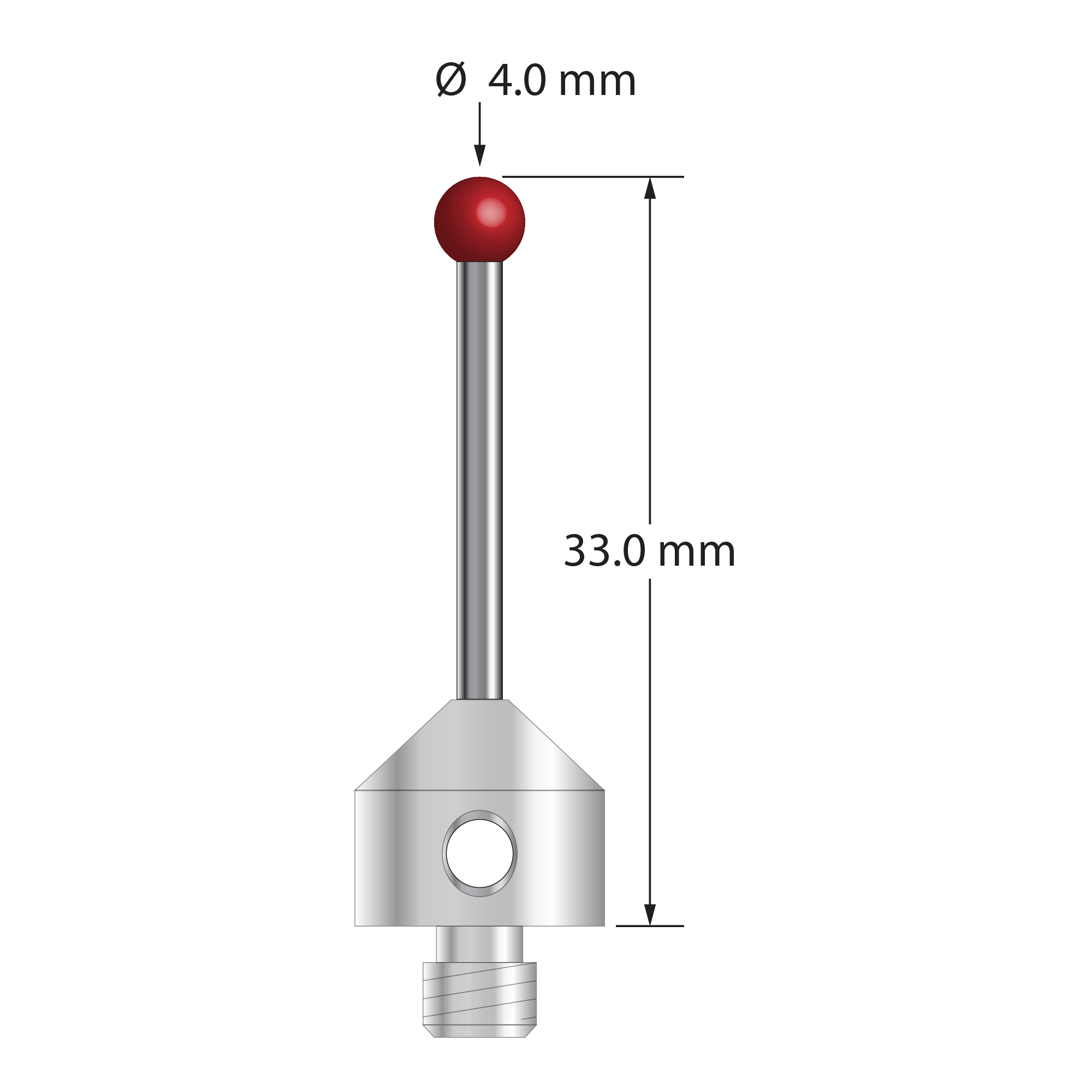M5 stylus with 4.0 mm diameter ruby ball, 2.0 mm diameter carbide stem, and 11.0 mm diameter x 10.0 mm long stainless steel base. Overall stylus length is 33.0 mm. Stylus weight is 6.77 grams. Compare to Zeiss 626105-0404-033.